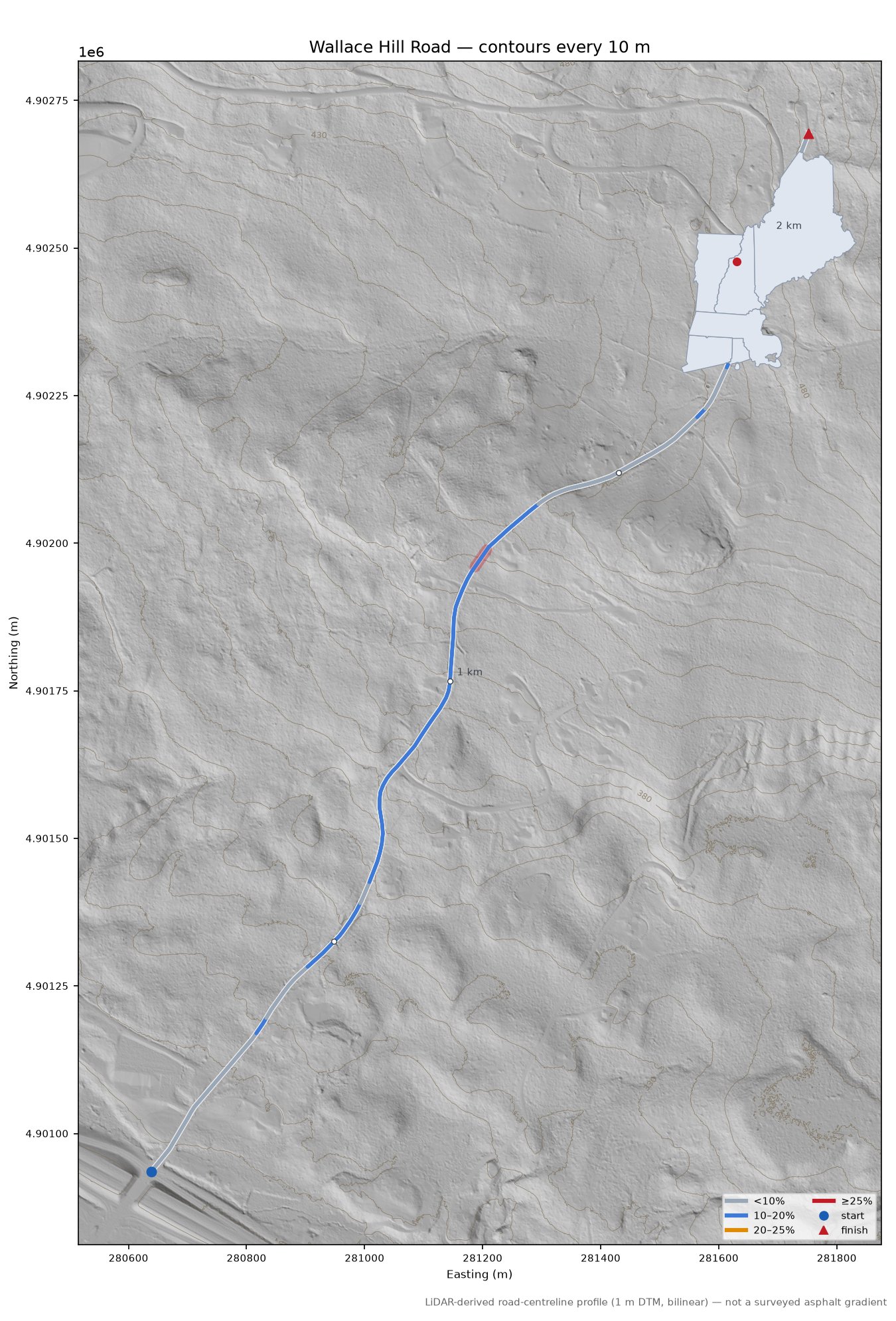 Wallace Hill Road LiDAR hillshade map with contours