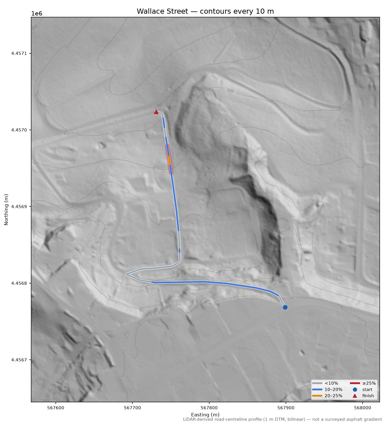 Wallace Street LiDAR hillshade map with contours