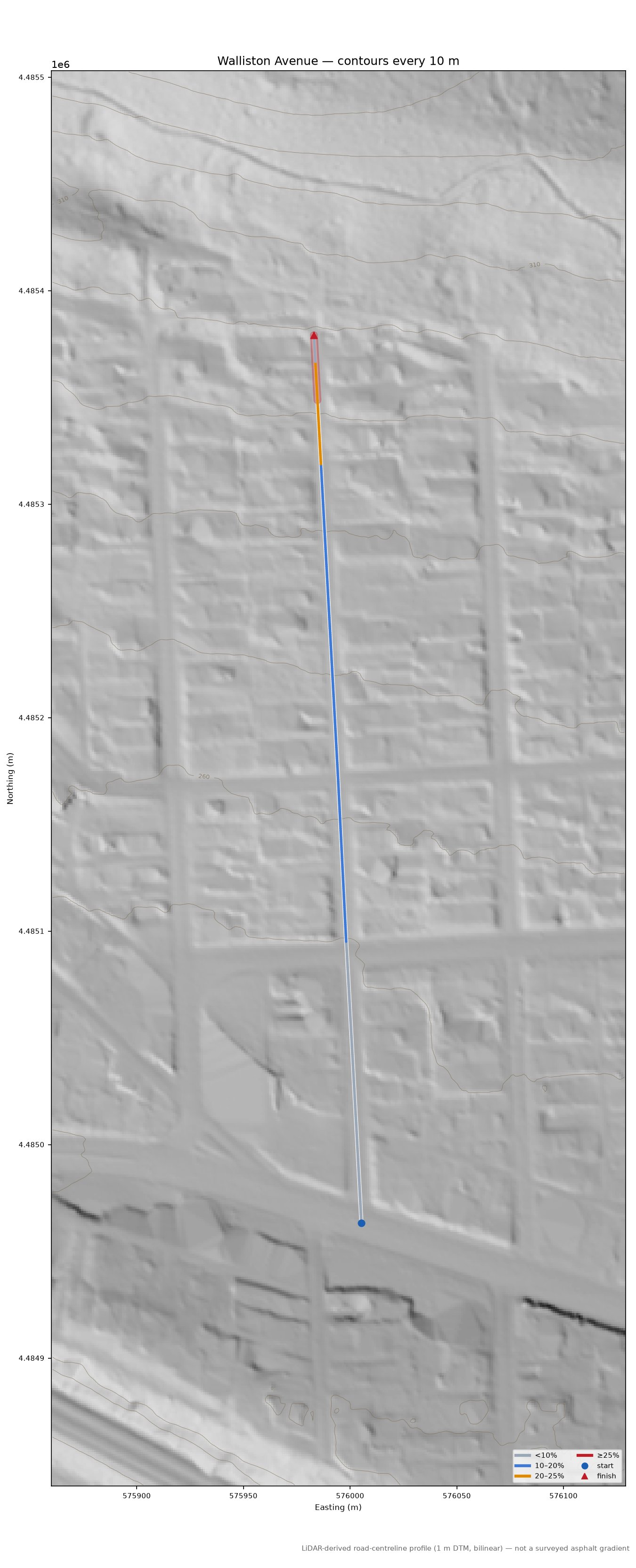 Walliston Avenue LiDAR hillshade map with contours