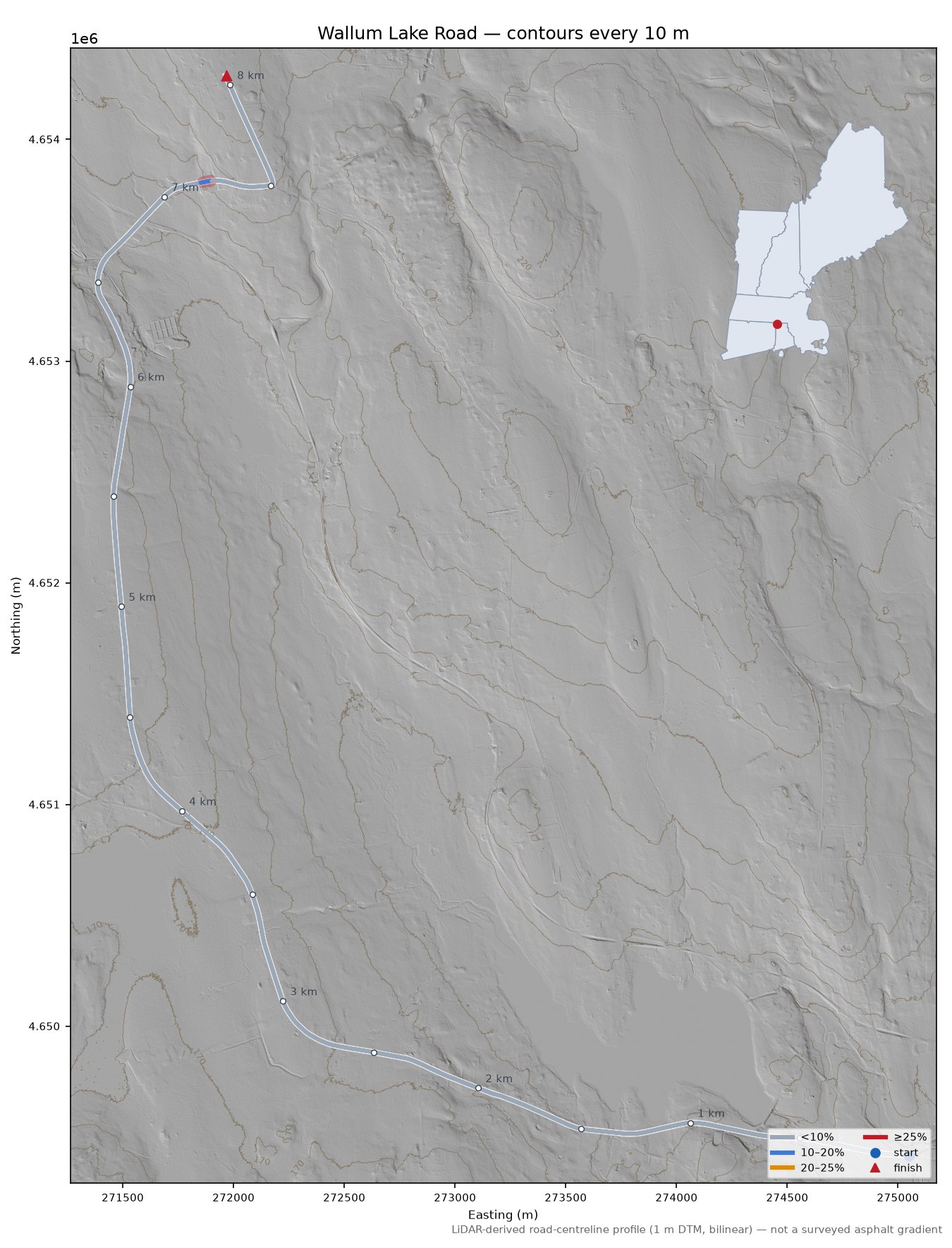 Wallum Lake Road LiDAR hillshade map with contours