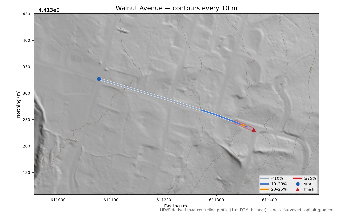 Walnut Avenue LiDAR hillshade map with contours