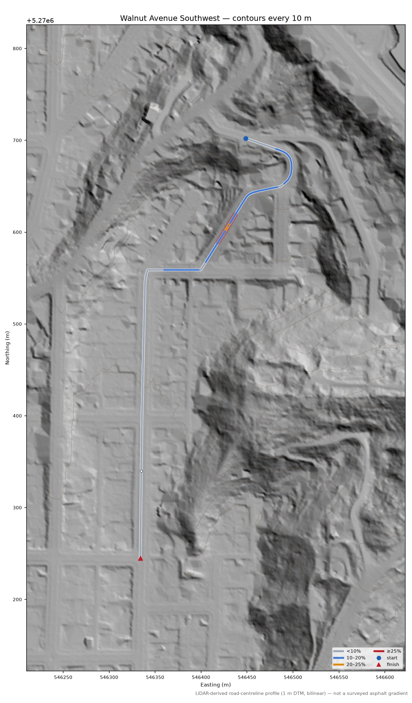 Walnut Avenue Southwest LiDAR hillshade map with contours