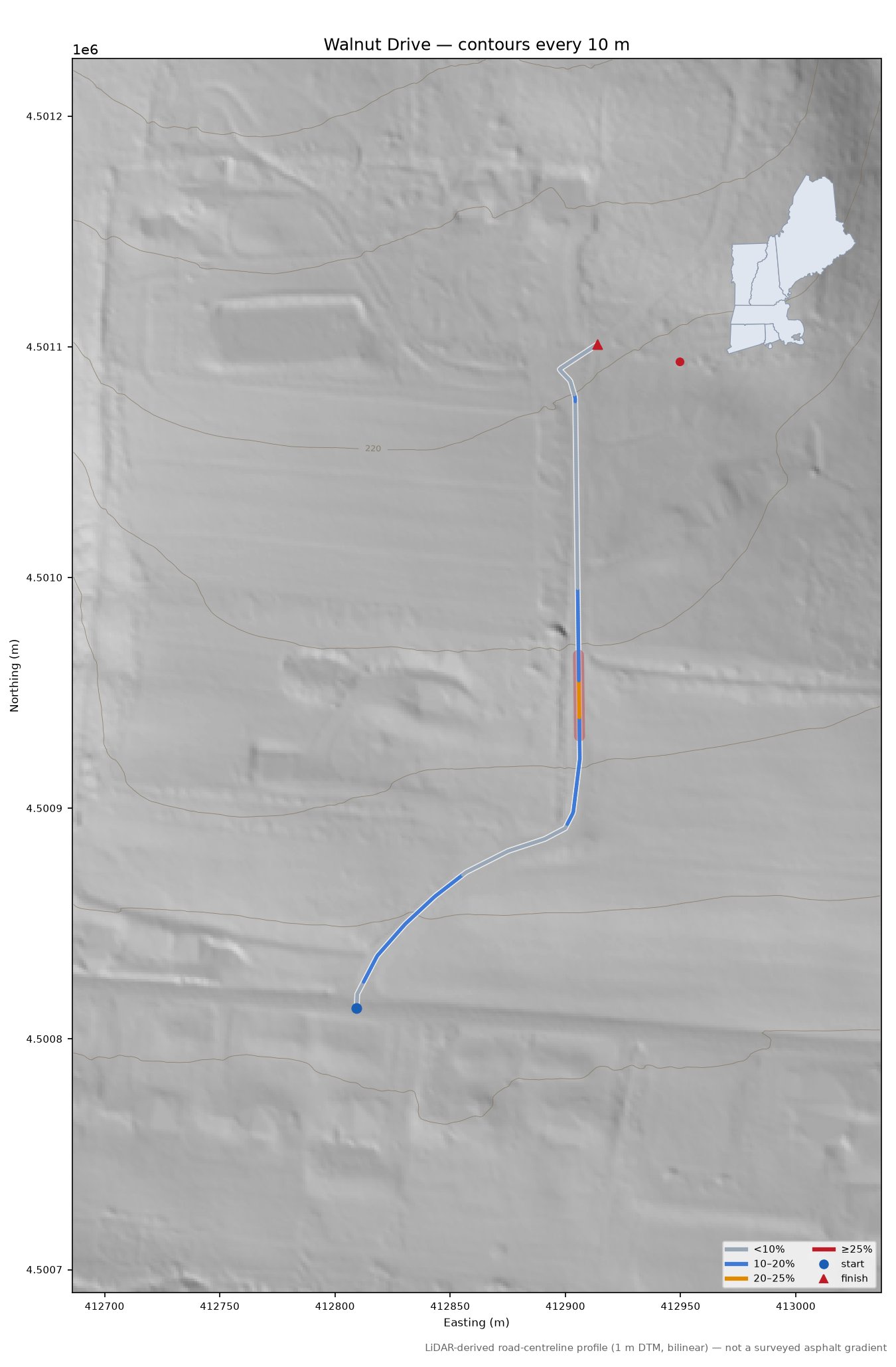 Walnut Drive LiDAR hillshade map with contours