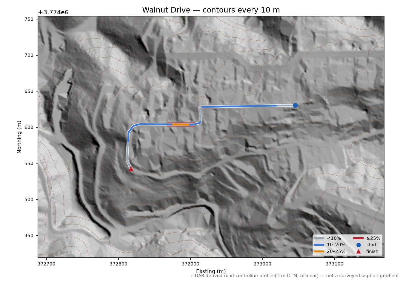 Walnut Drive LiDAR hillshade map with contours