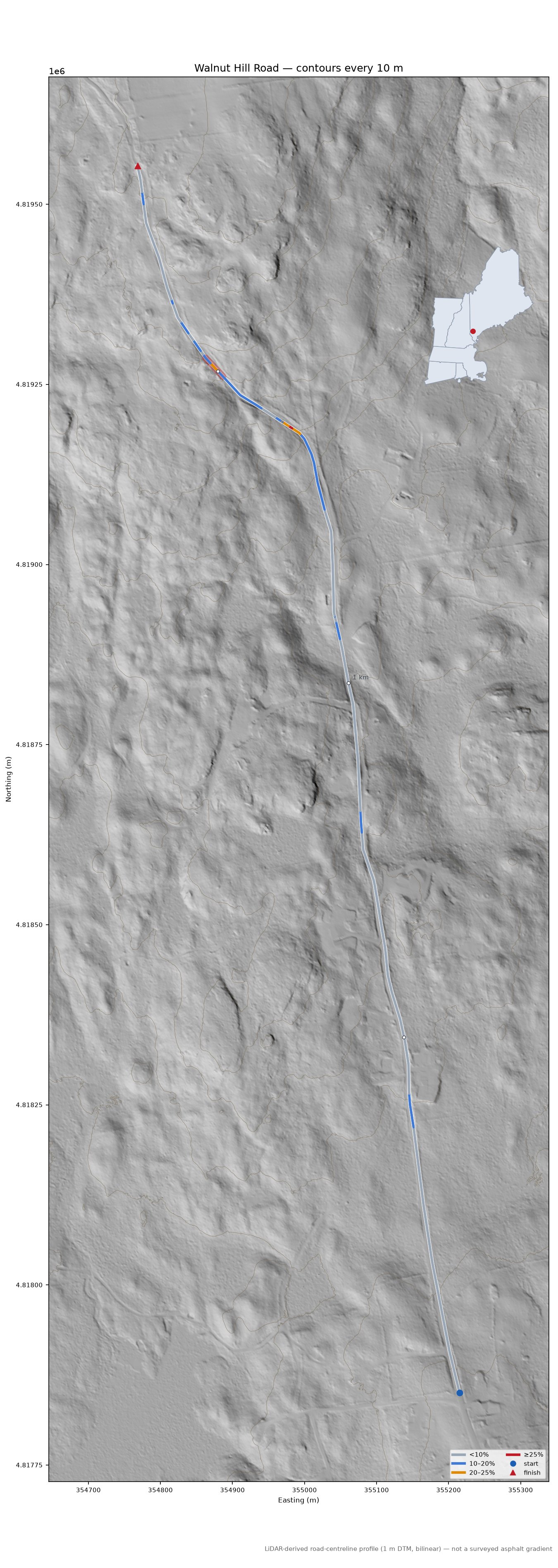 Walnut Hill Road LiDAR hillshade map with contours