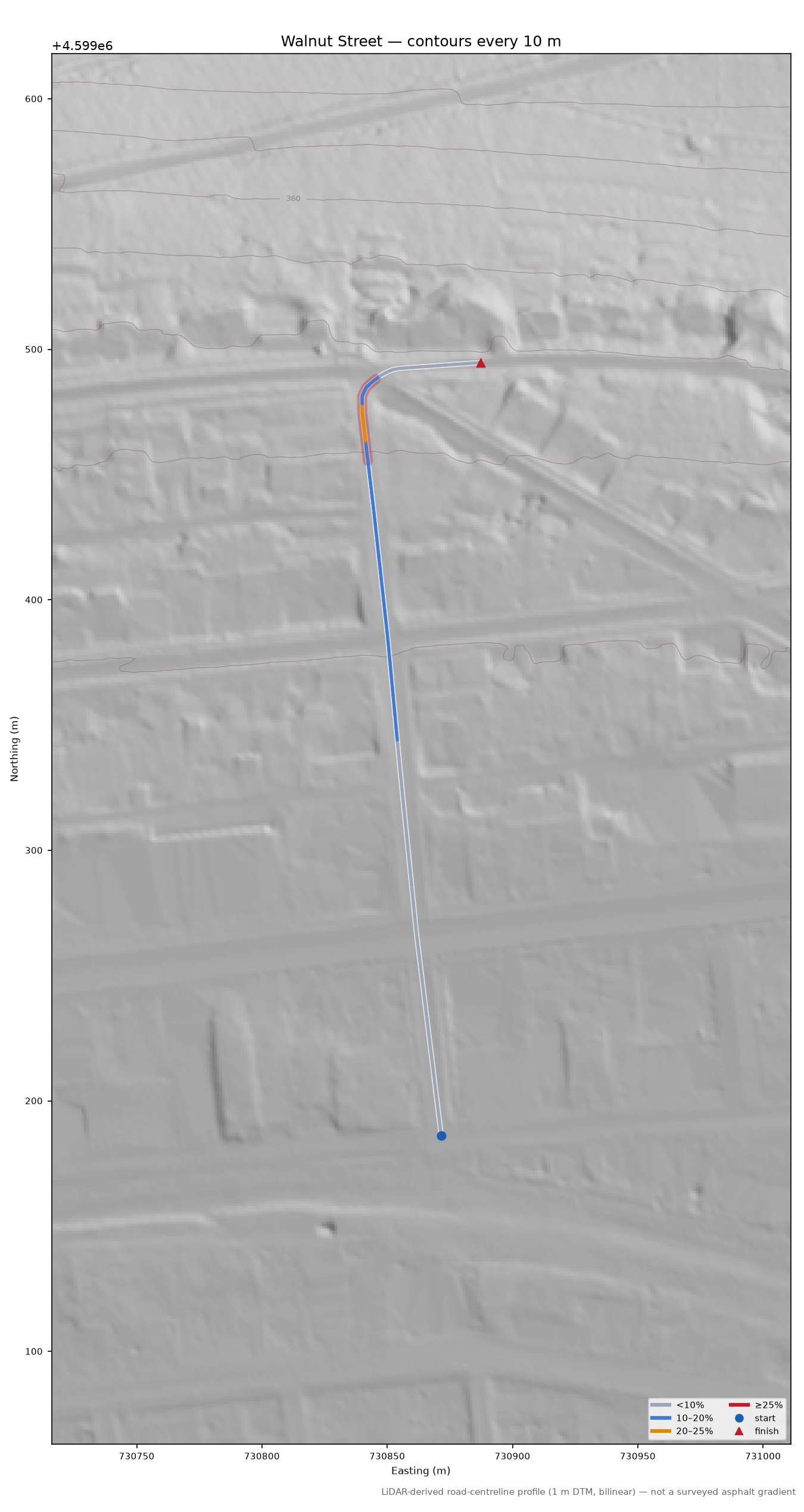 Walnut Street LiDAR hillshade map with contours