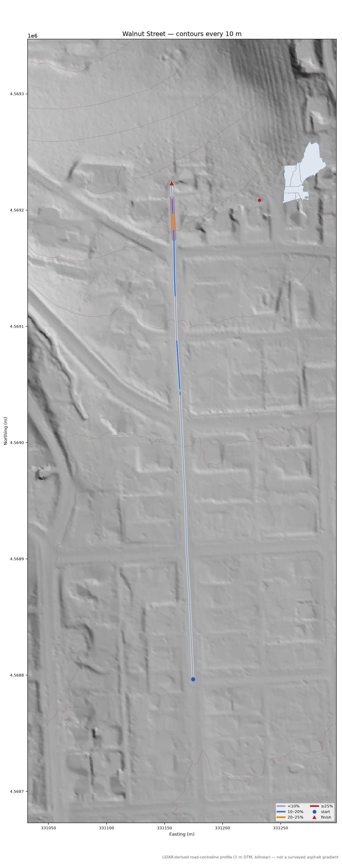 Walnut Street LiDAR hillshade map with contours