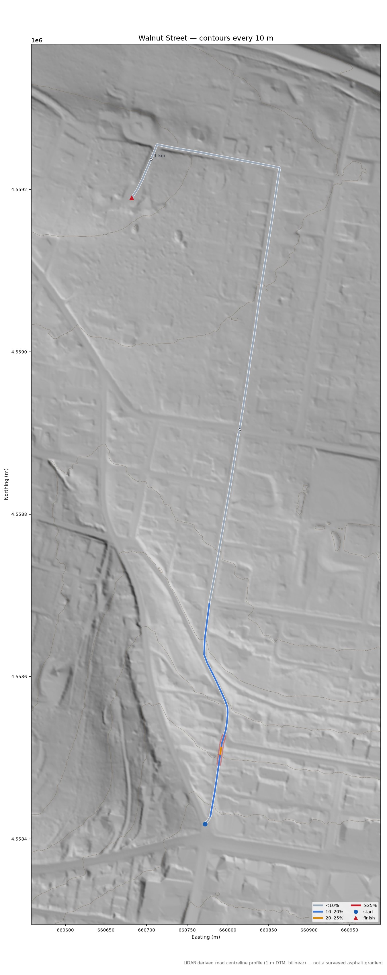 Walnut Street LiDAR hillshade map with contours