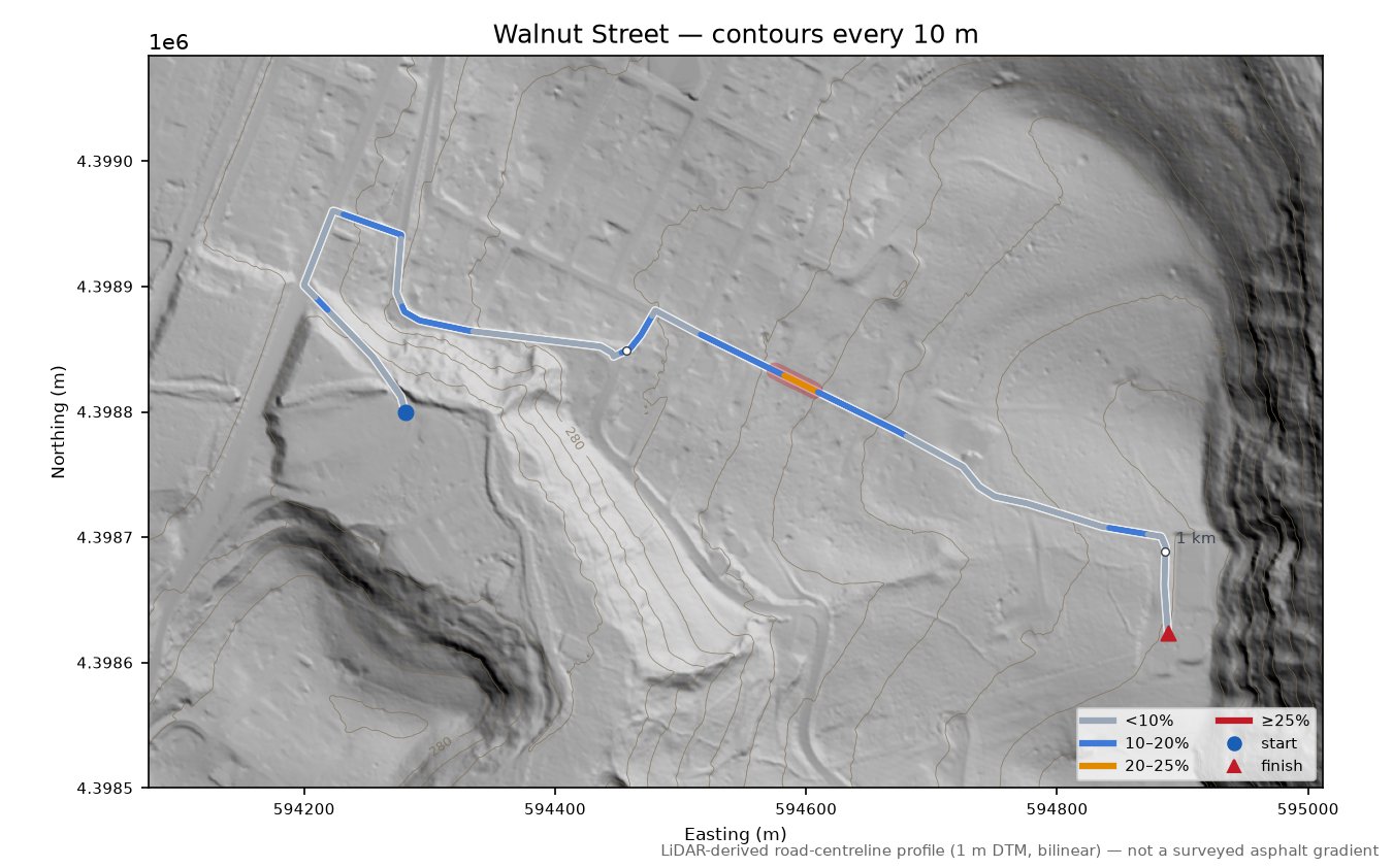 Walnut Street LiDAR hillshade map with contours