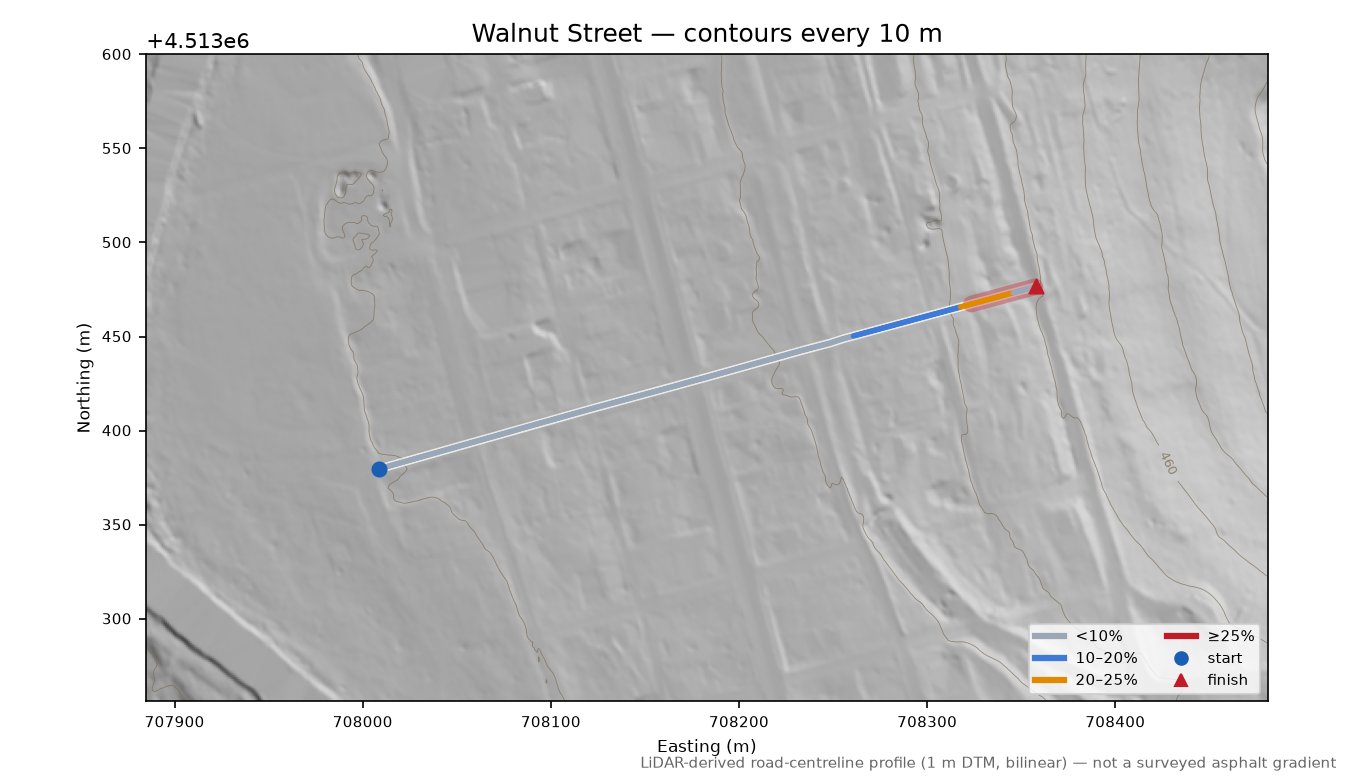 Walnut Street LiDAR hillshade map with contours
