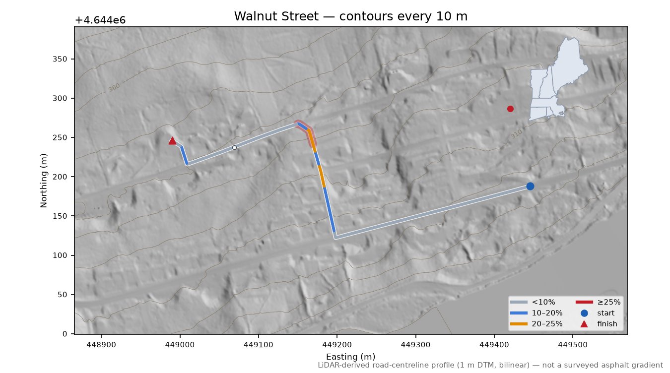 Walnut Street LiDAR hillshade map with contours