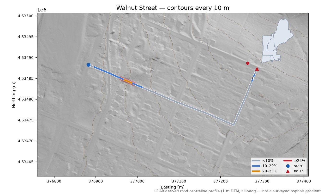 Walnut Street LiDAR hillshade map with contours
