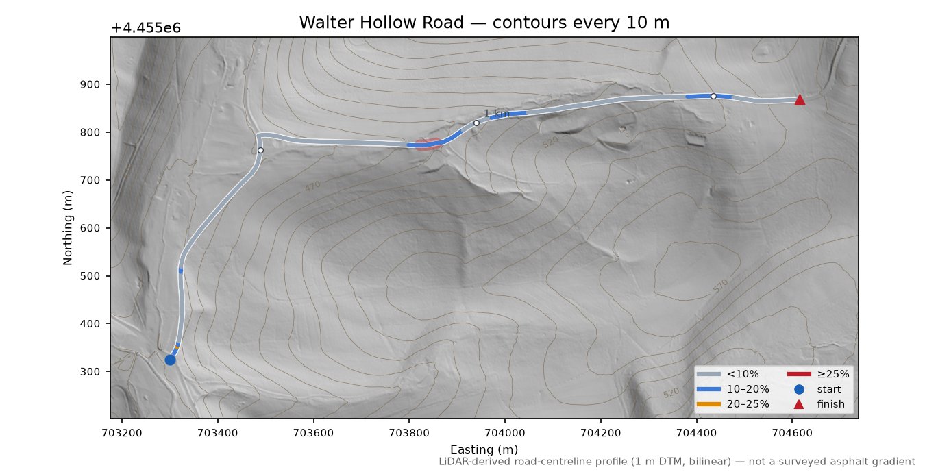 Walter Hollow Road LiDAR hillshade map with contours