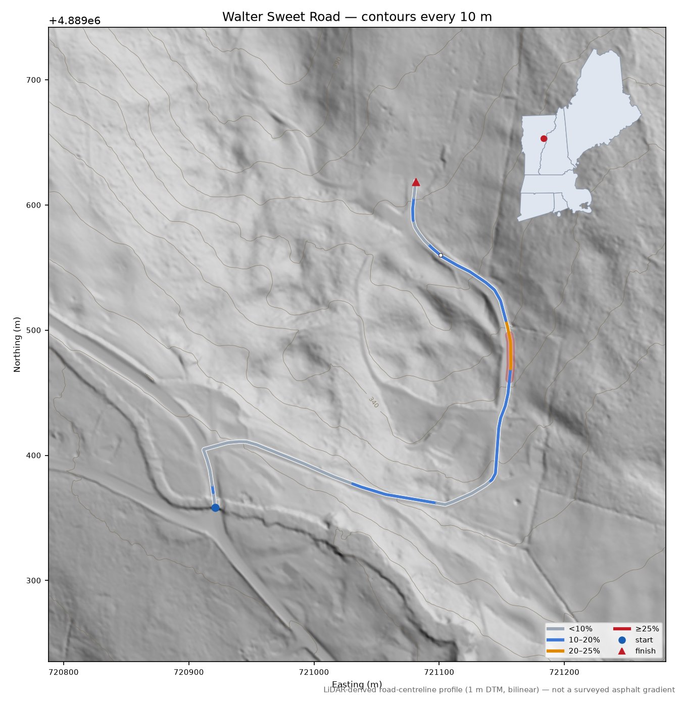 Walter Sweet Road LiDAR hillshade map with contours