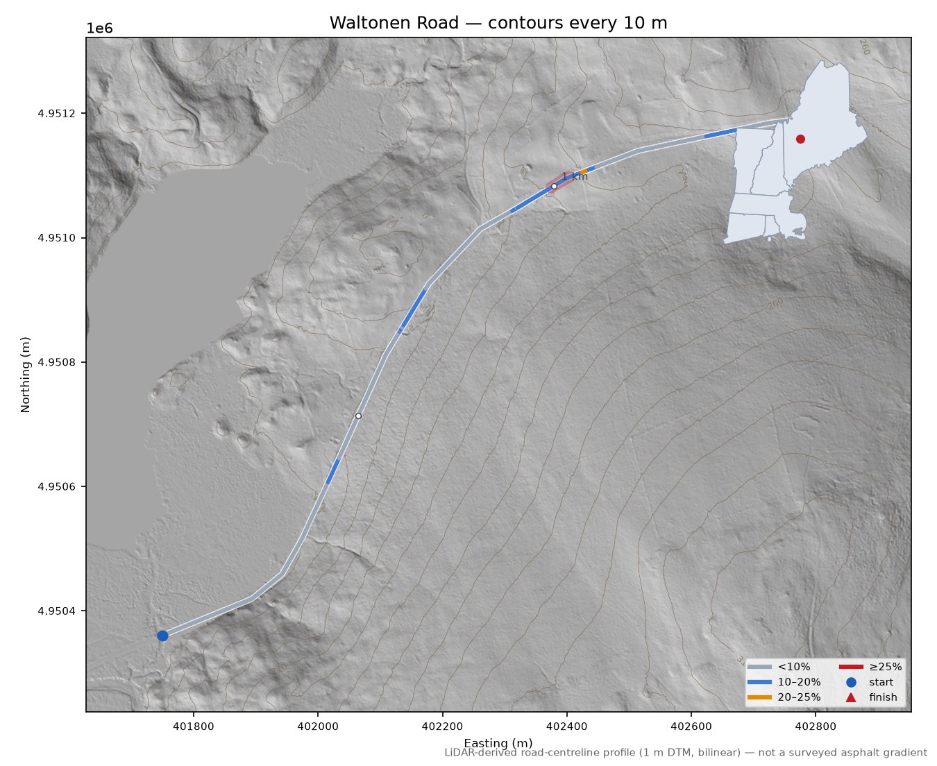 Waltonen Road LiDAR hillshade map with contours