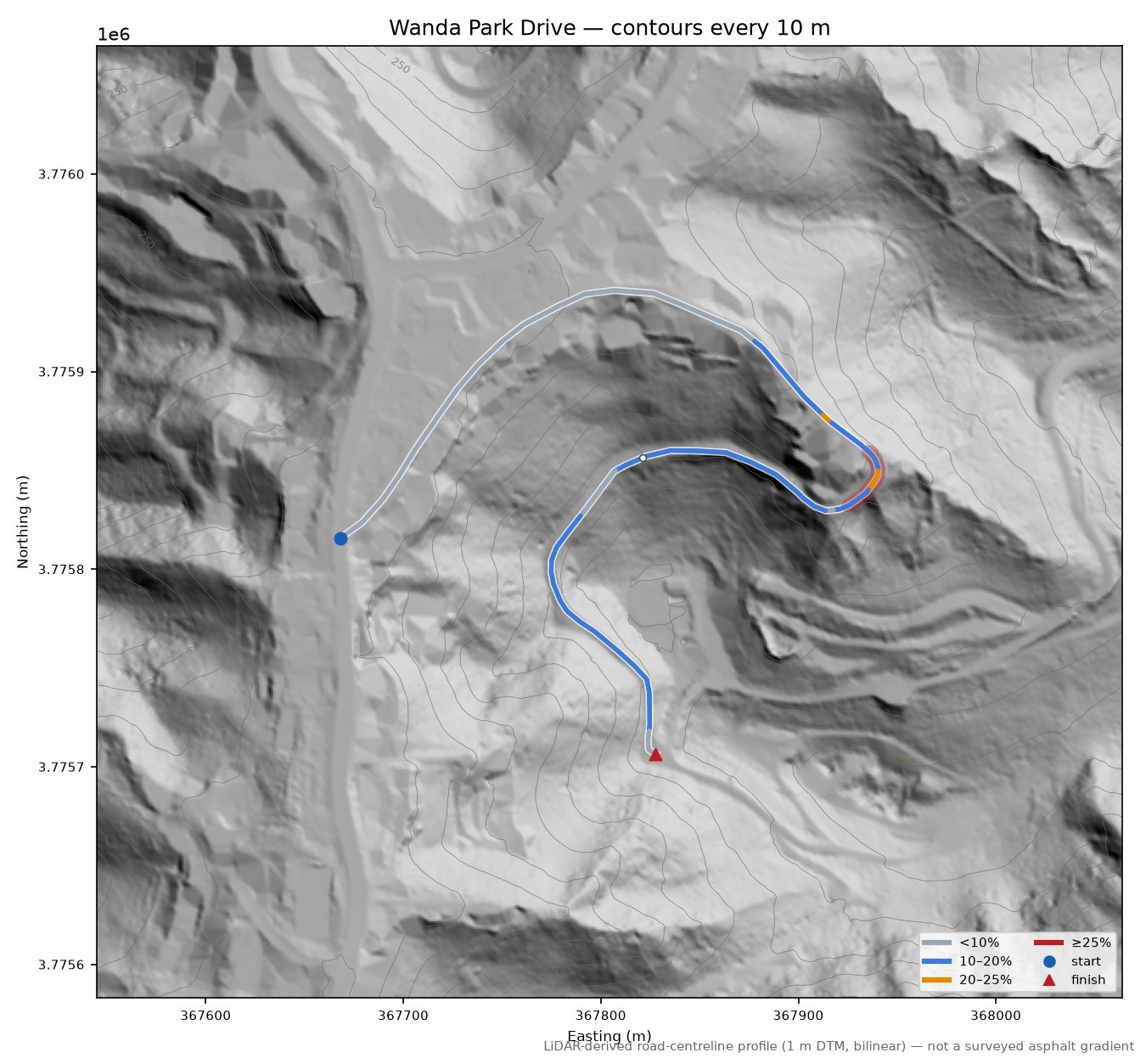 Wanda Park Drive LiDAR hillshade map with contours