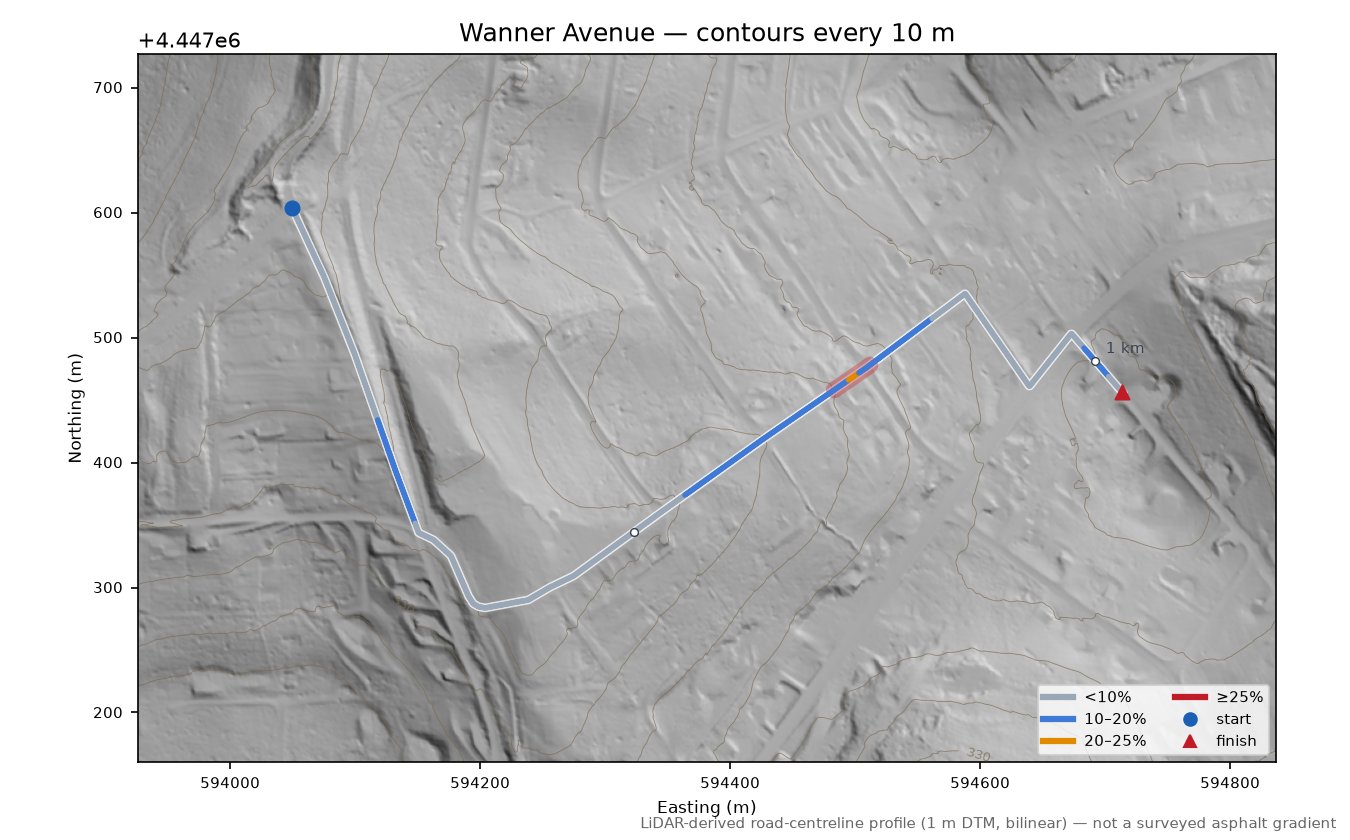 Wanner Avenue LiDAR hillshade map with contours