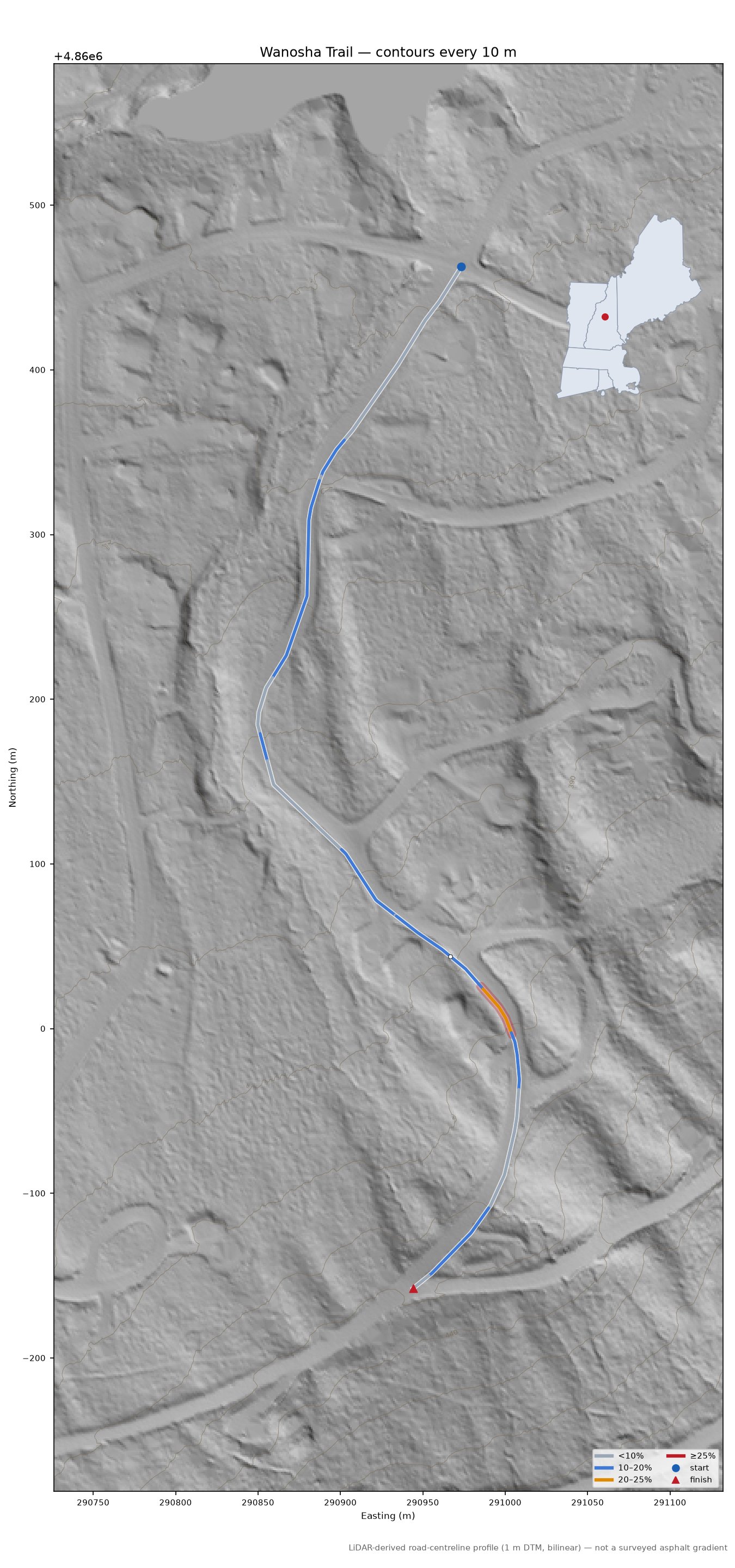 Wanosha Trail LiDAR hillshade map with contours