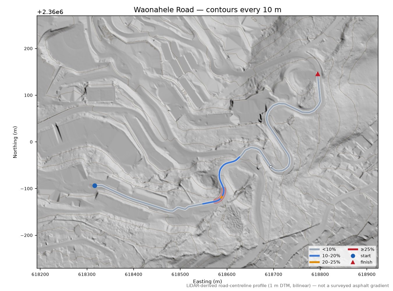 Waonahele Road LiDAR hillshade map with contours