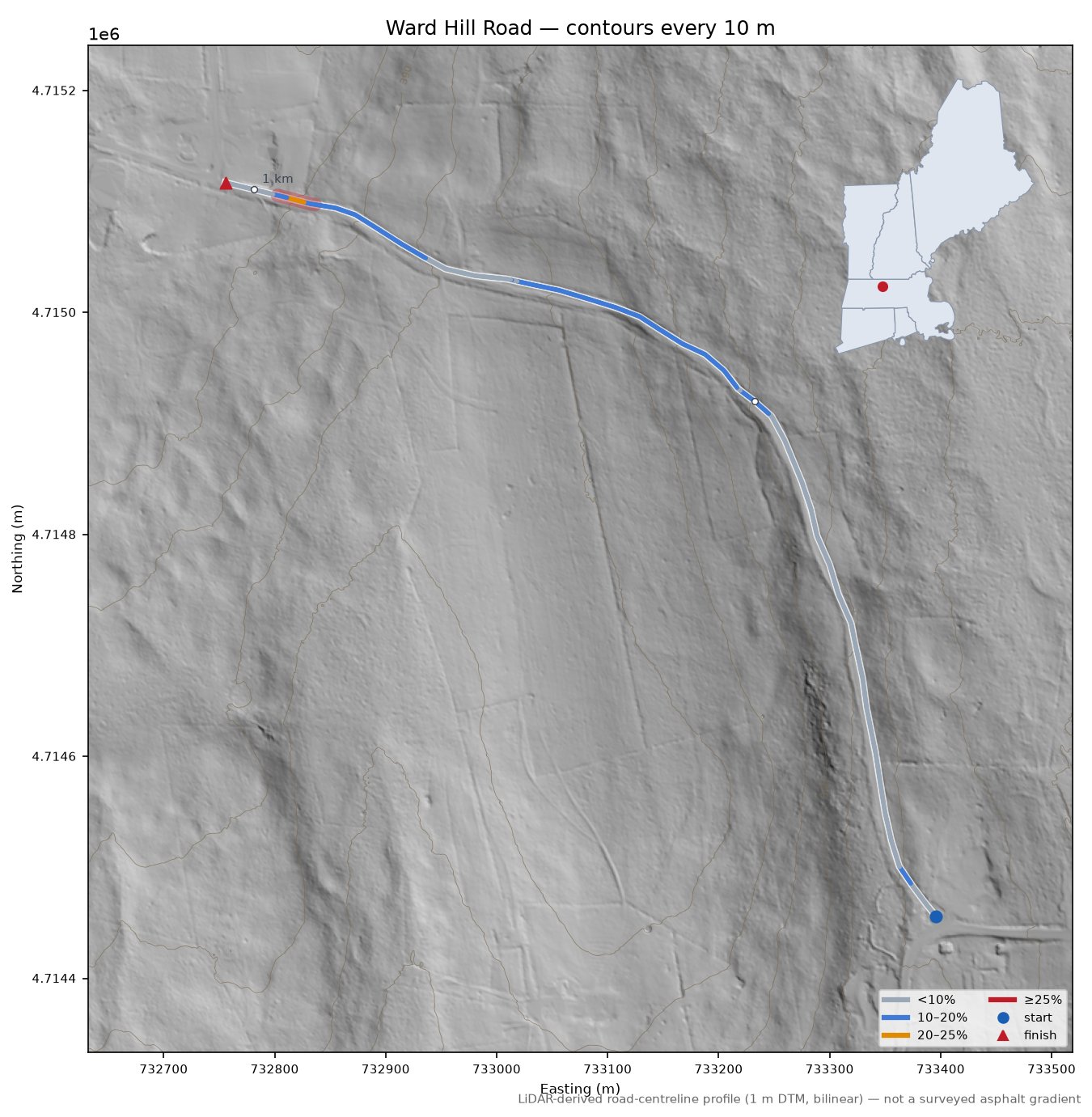 Ward Hill Road LiDAR hillshade map with contours