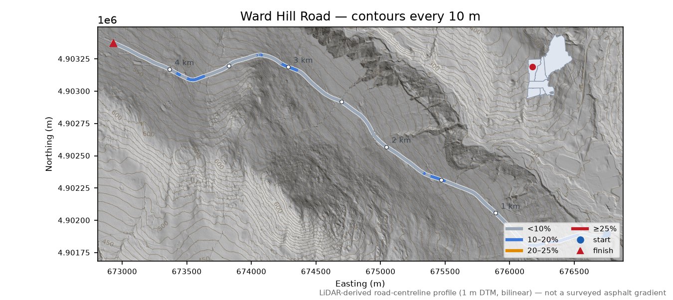 Ward Hill Road LiDAR hillshade map with contours