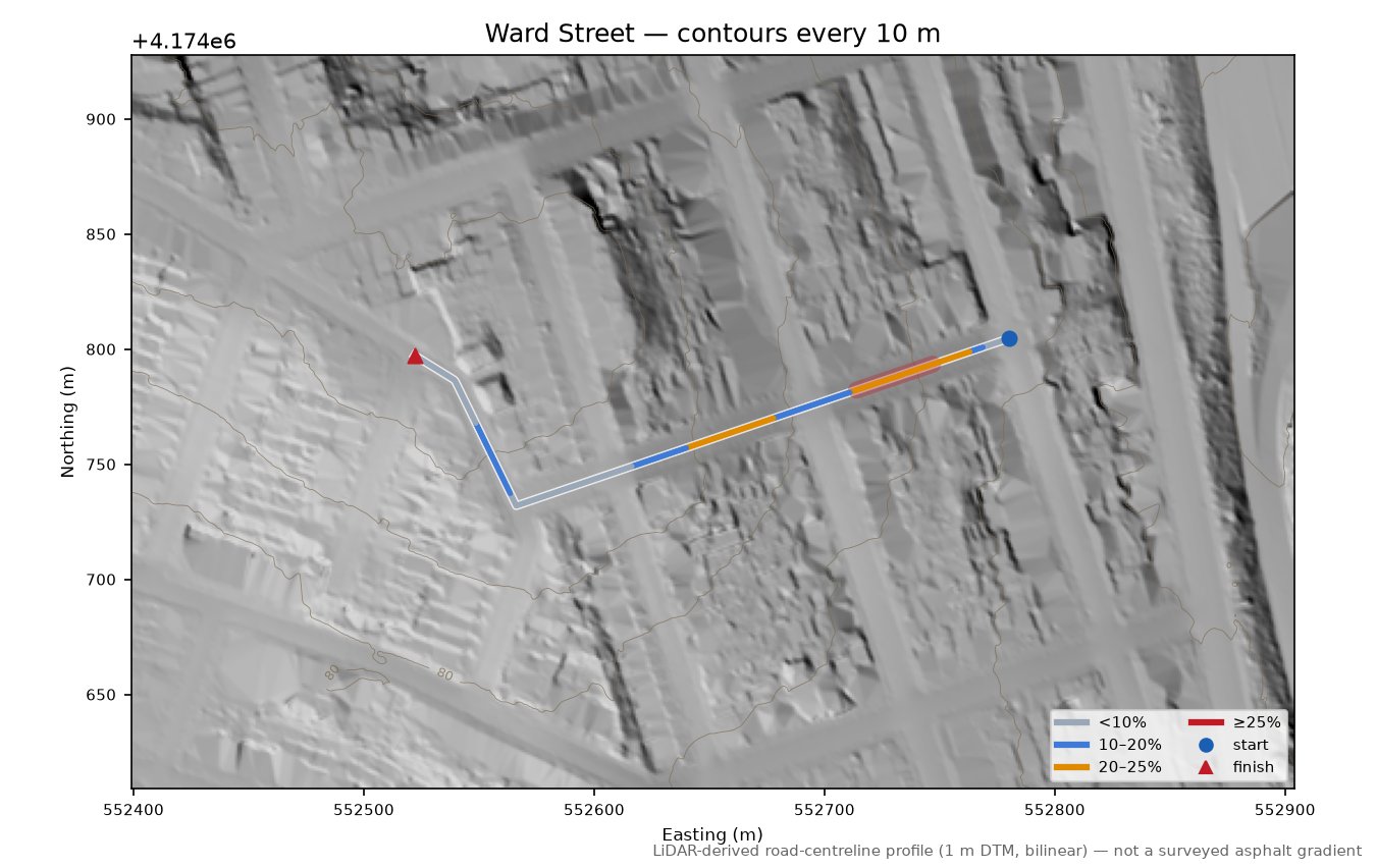 Ward Street LiDAR hillshade map with contours