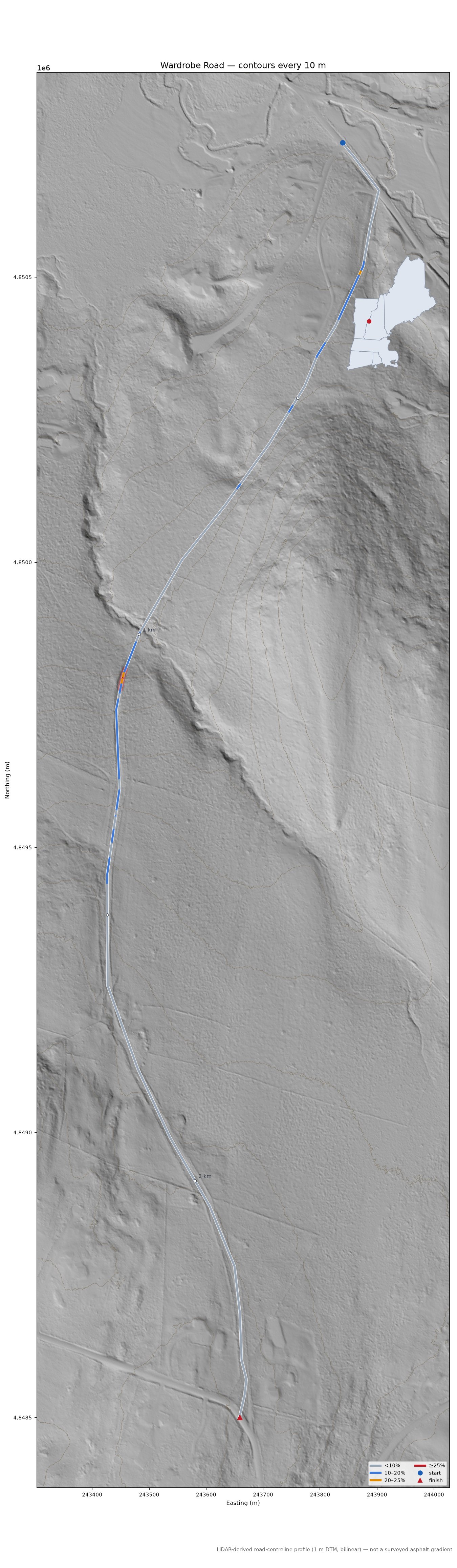 Wardrobe Road LiDAR hillshade map with contours