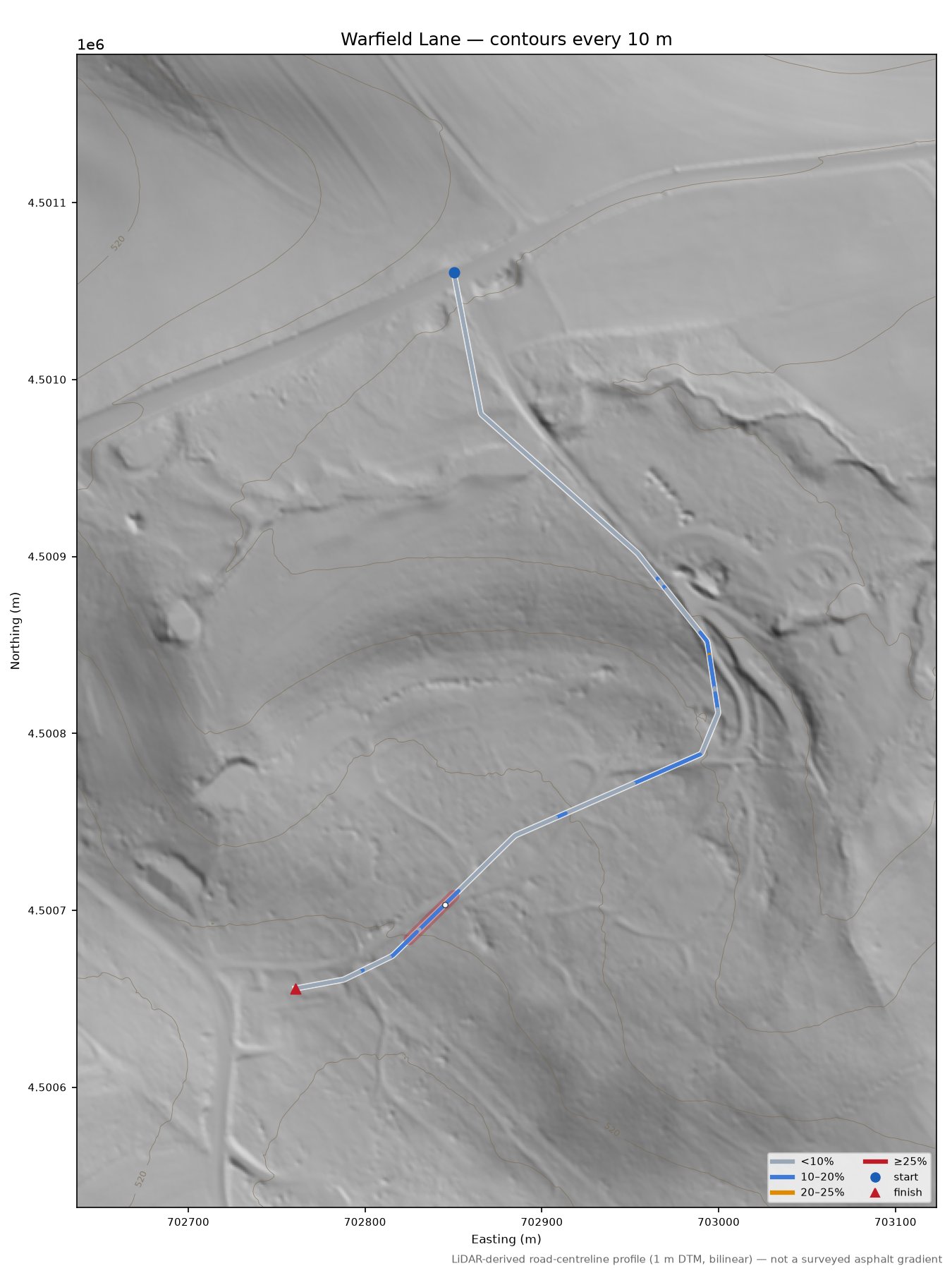 Warfield Lane LiDAR hillshade map with contours
