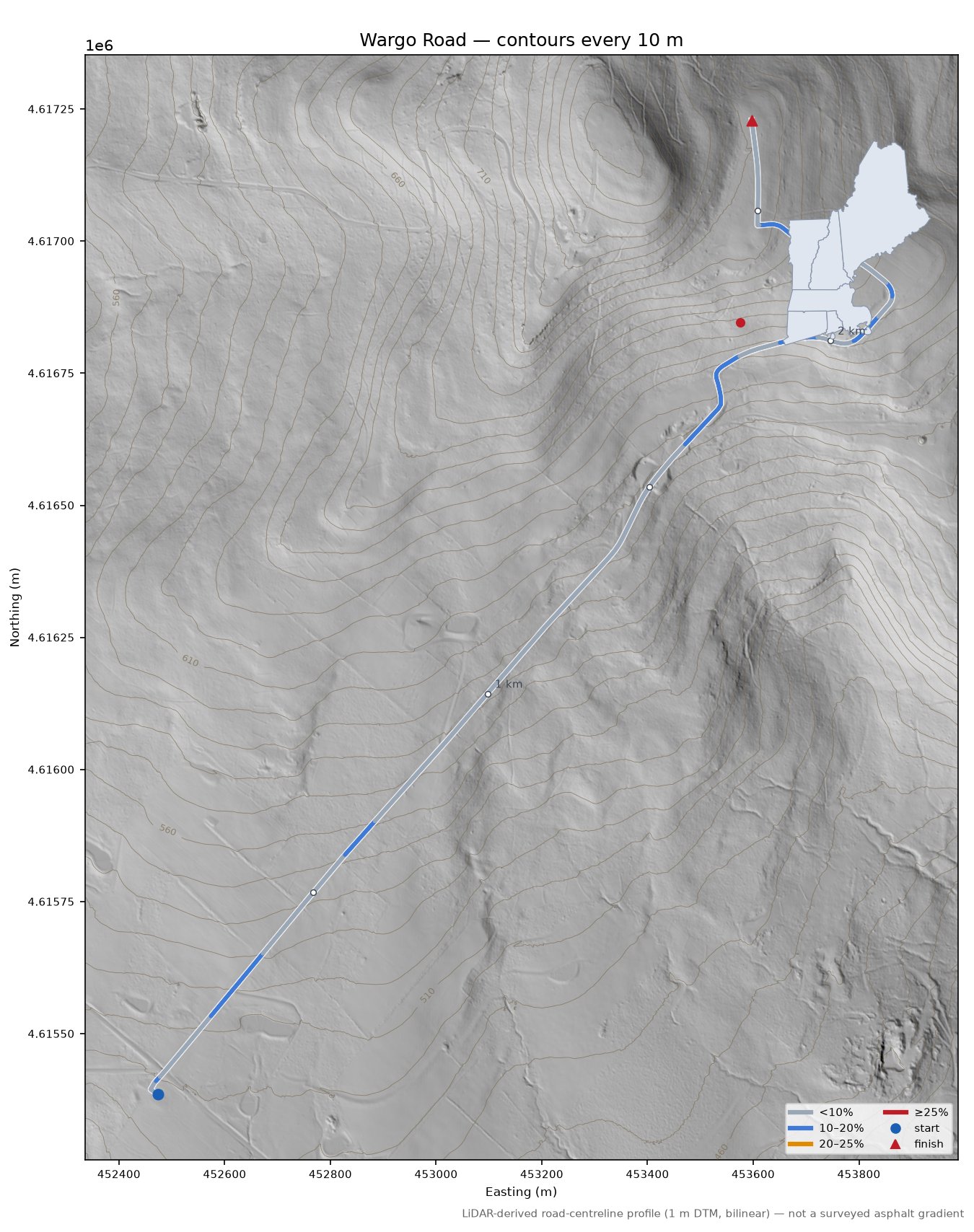 Wargo Road LiDAR hillshade map with contours