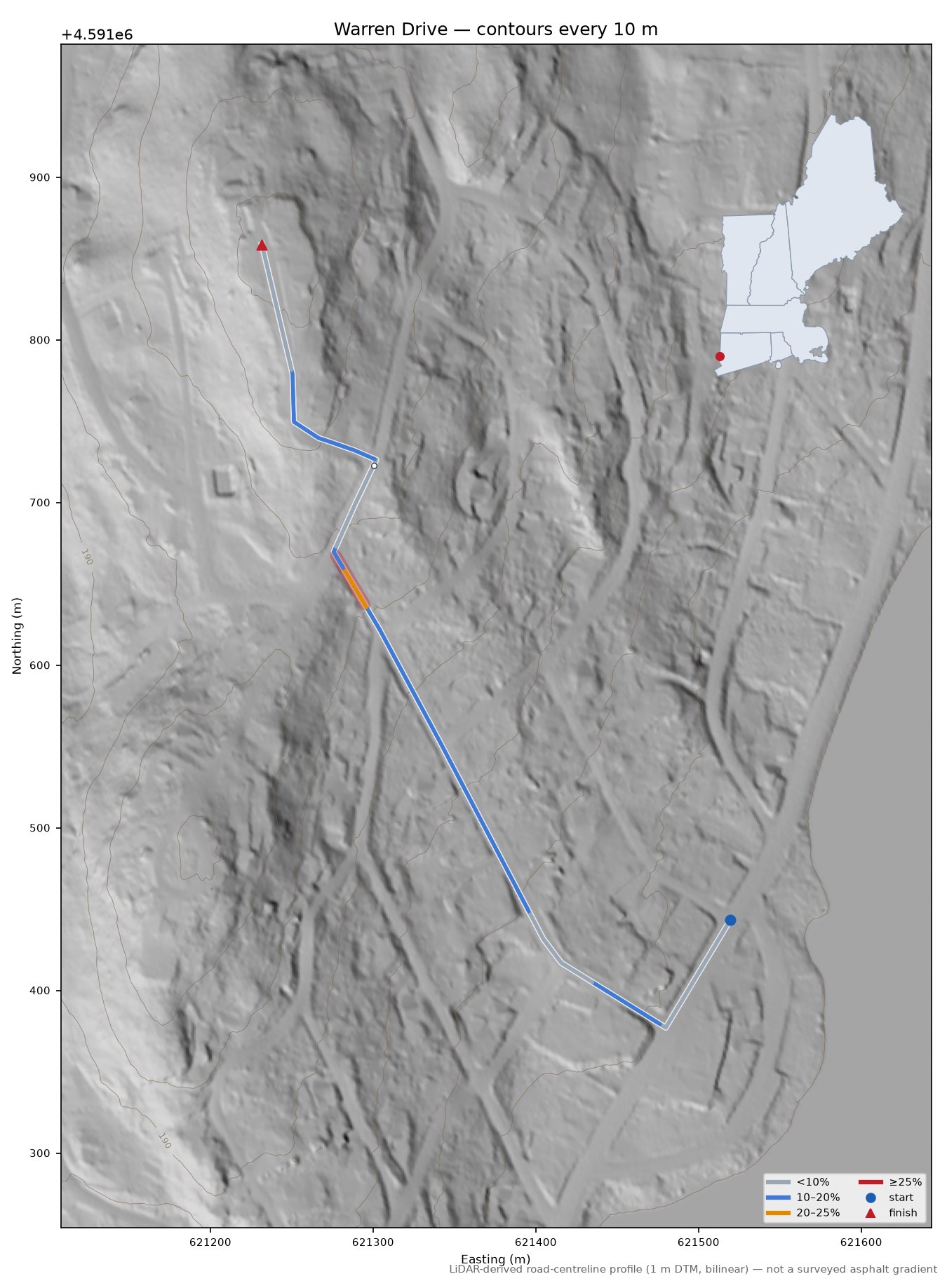 Warren Drive LiDAR hillshade map with contours