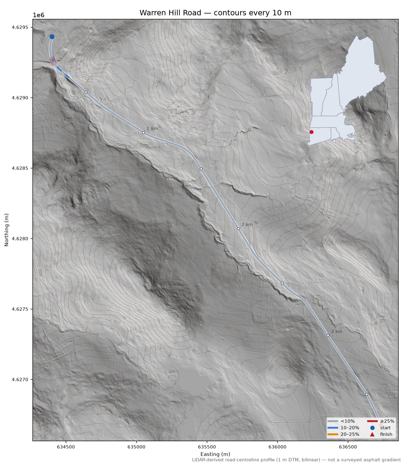 Warren Hill Road LiDAR hillshade map with contours