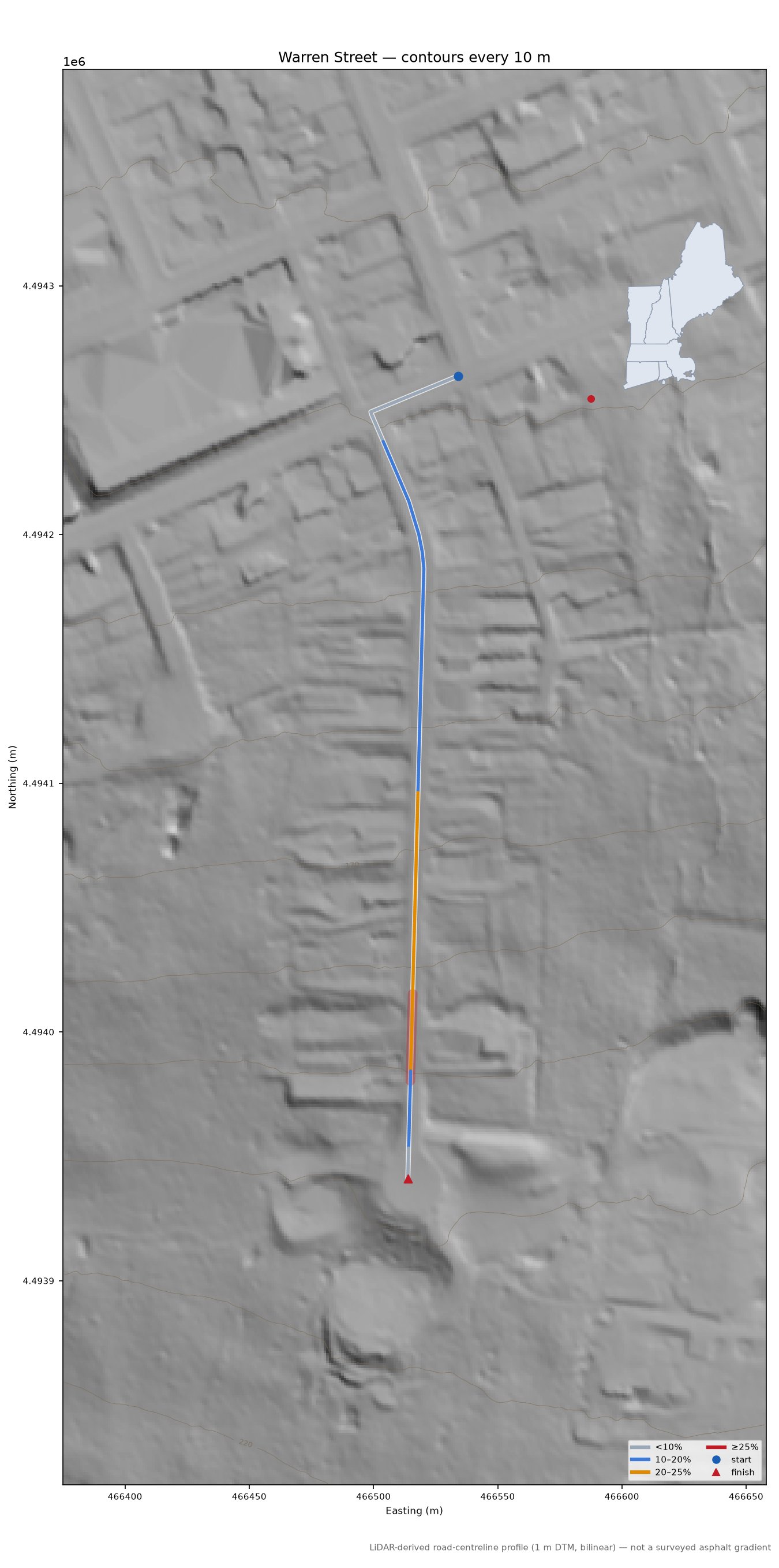 Warren Street LiDAR hillshade map with contours