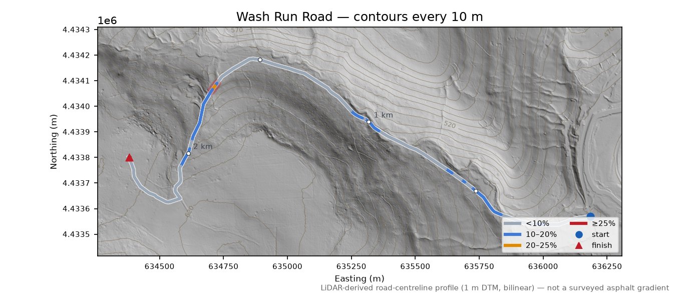 Wash Run Road LiDAR hillshade map with contours