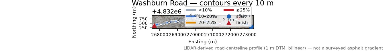 Washburn Road LiDAR hillshade map with contours