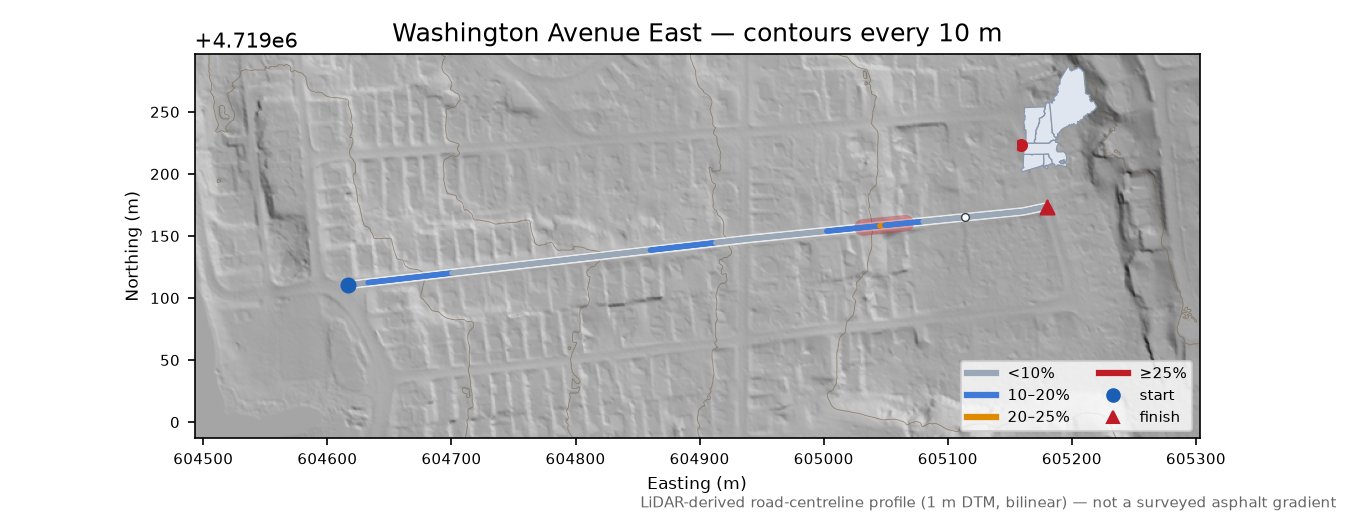 Washington Avenue East LiDAR hillshade map with contours