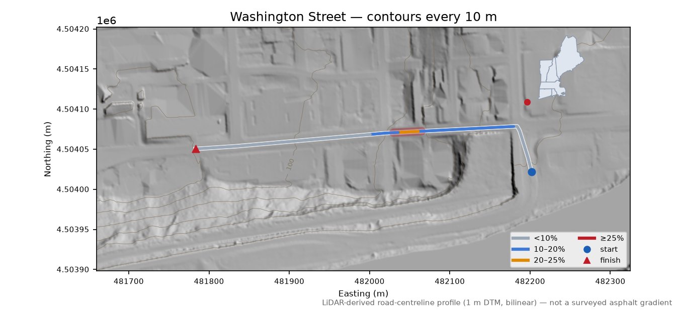 Washington Street LiDAR hillshade map with contours