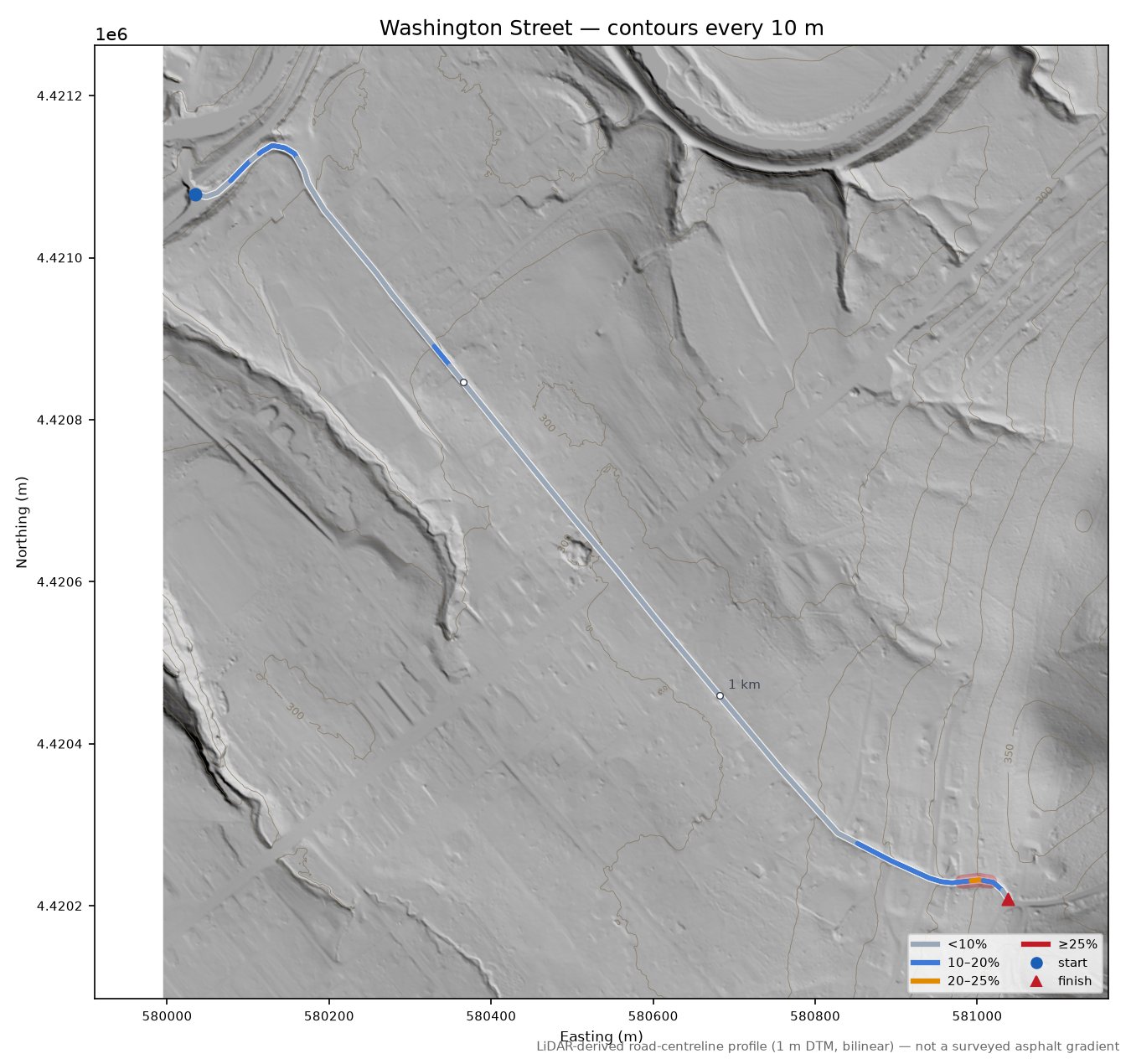 Washington Street LiDAR hillshade map with contours