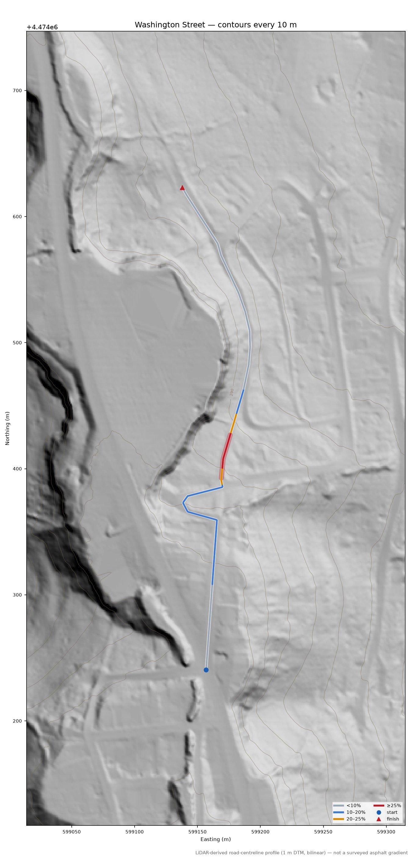 Washington Street LiDAR hillshade map with contours