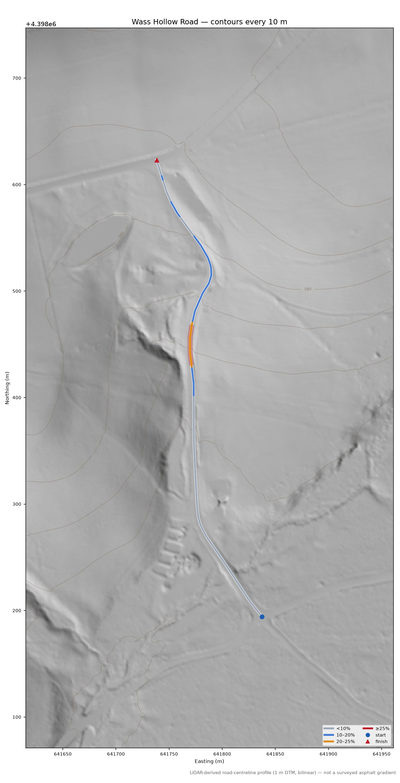 Wass Hollow Road LiDAR hillshade map with contours