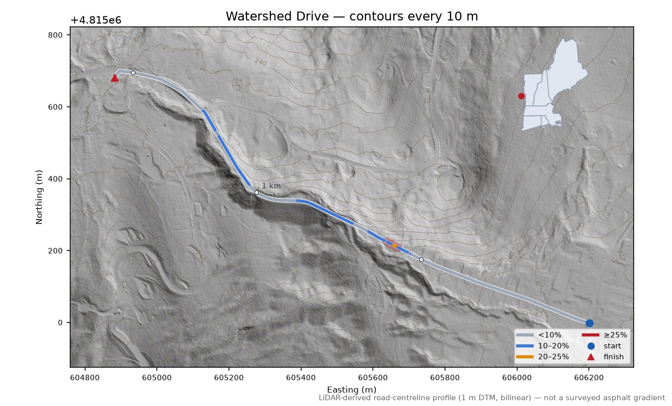 Watershed Drive LiDAR hillshade map with contours