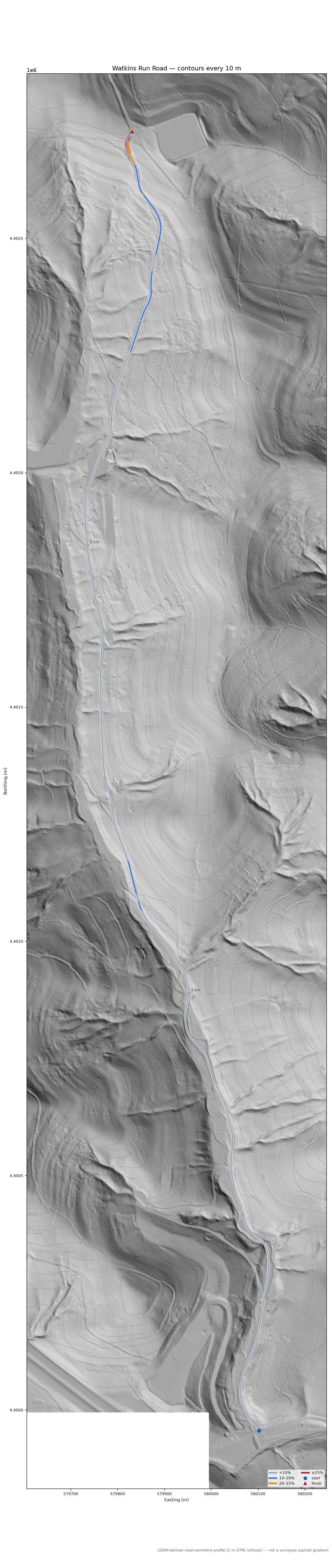 Watkins Run Road LiDAR hillshade map with contours