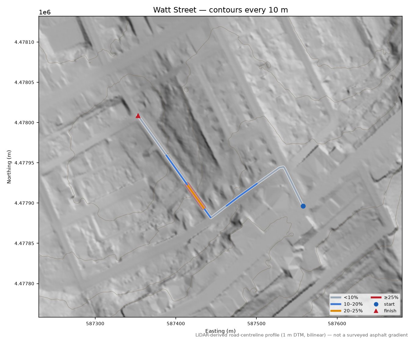 Watt Street LiDAR hillshade map with contours