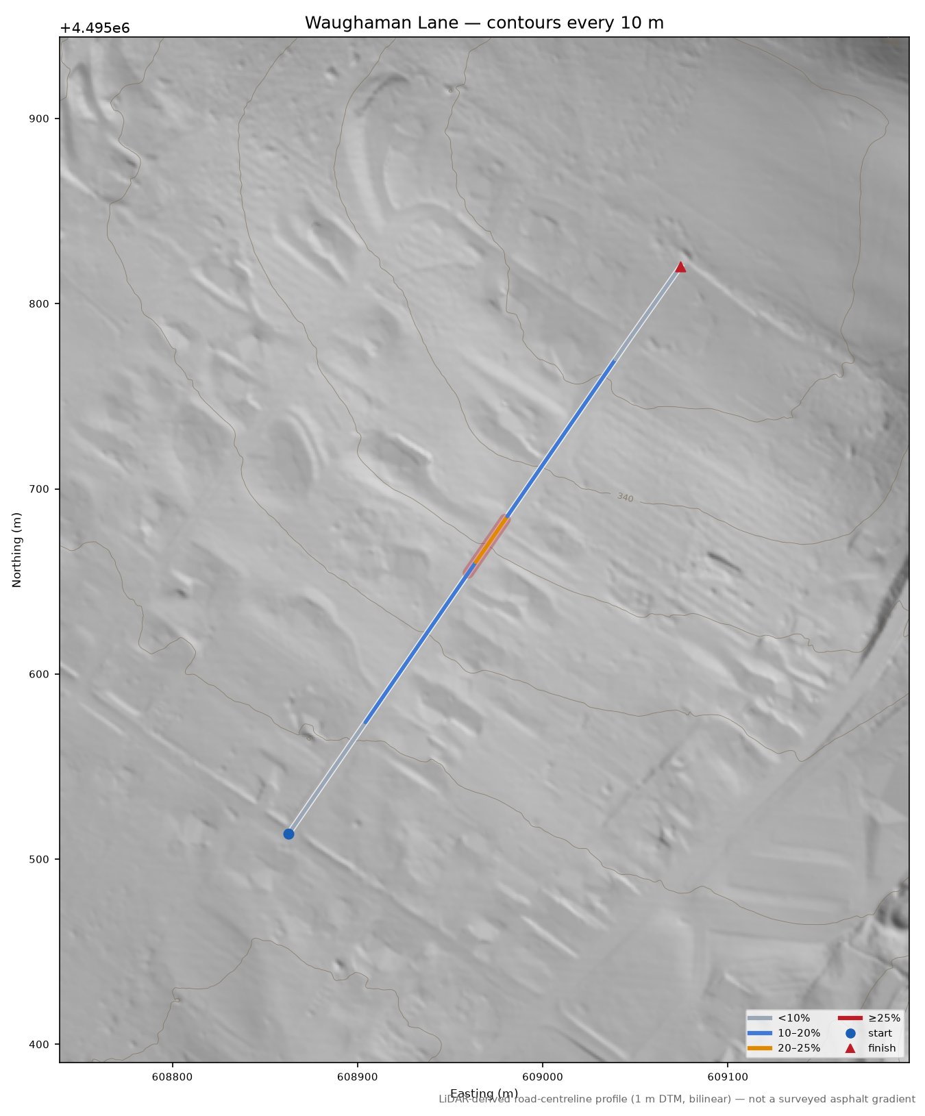Waughaman Lane LiDAR hillshade map with contours
