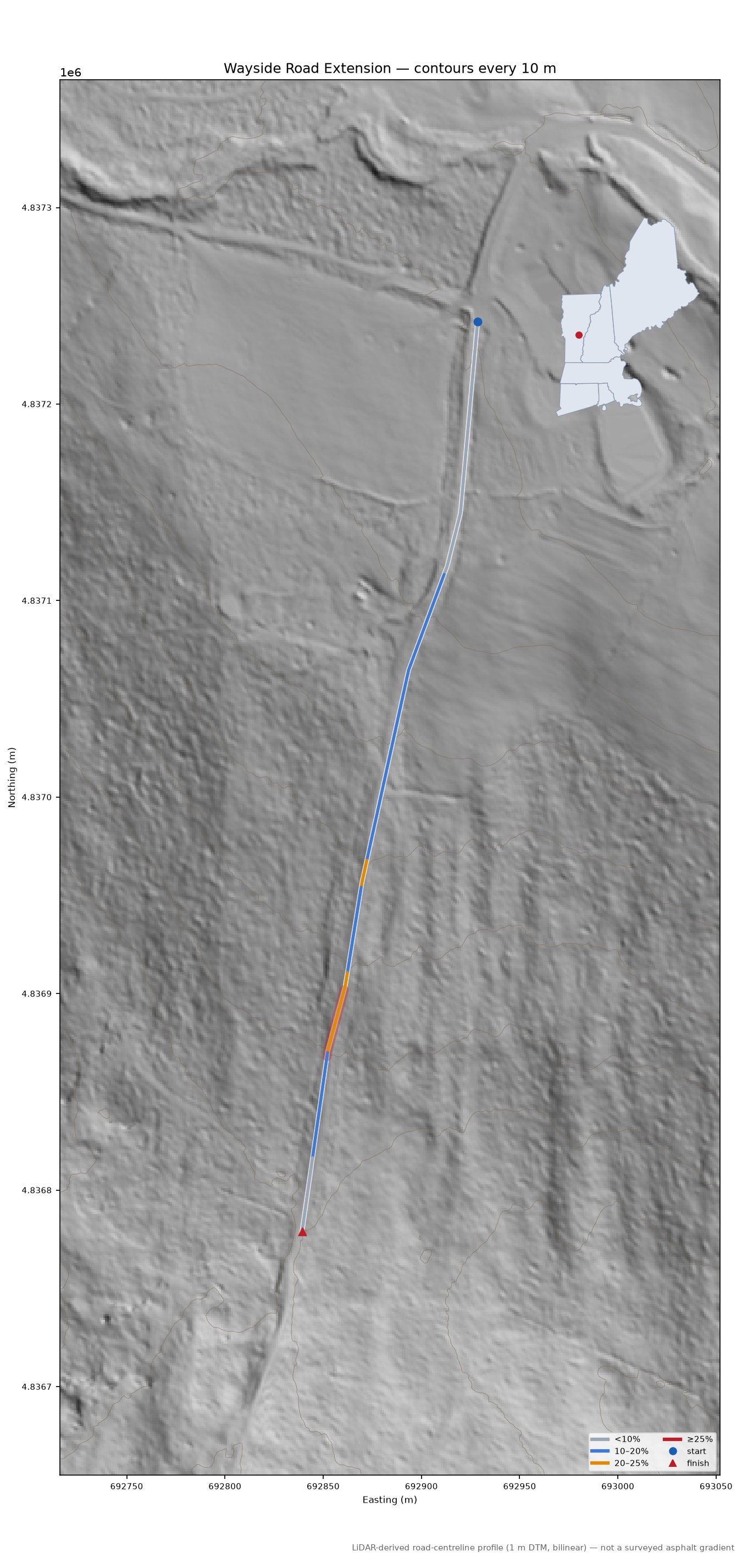 Wayside Road Extension LiDAR hillshade map with contours