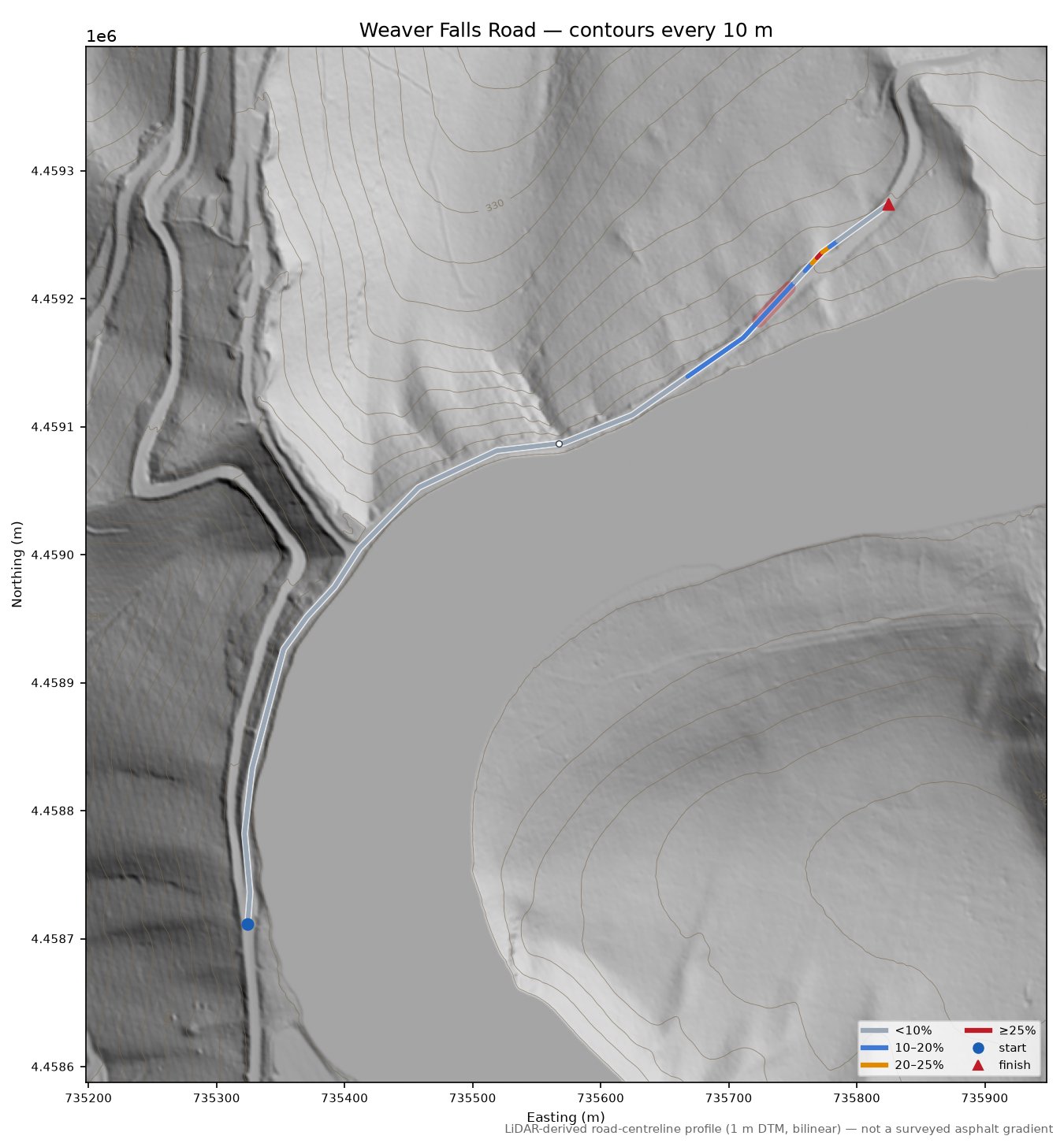 Weaver Falls Road LiDAR hillshade map with contours