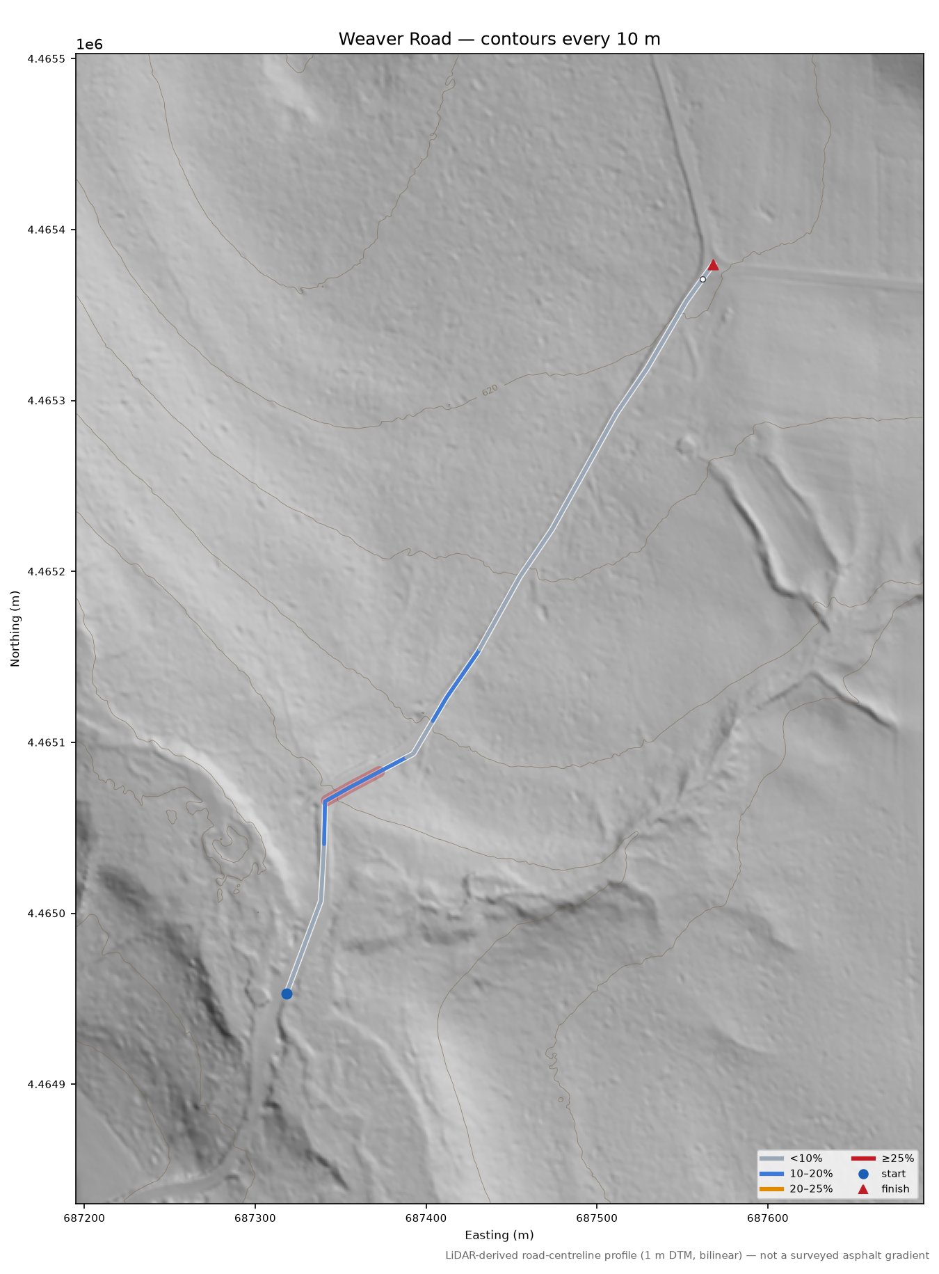 Weaver Road LiDAR hillshade map with contours