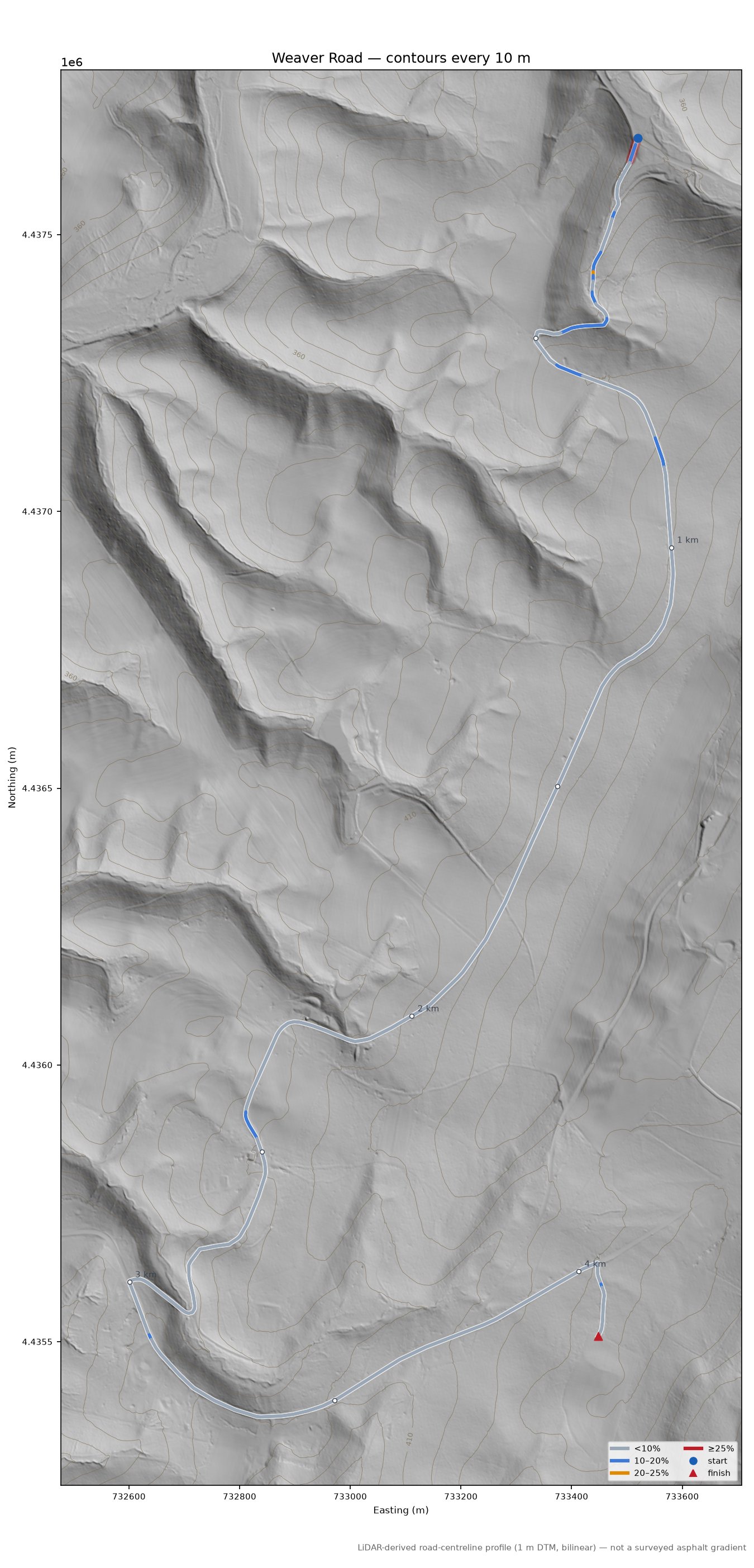 Weaver Road LiDAR hillshade map with contours