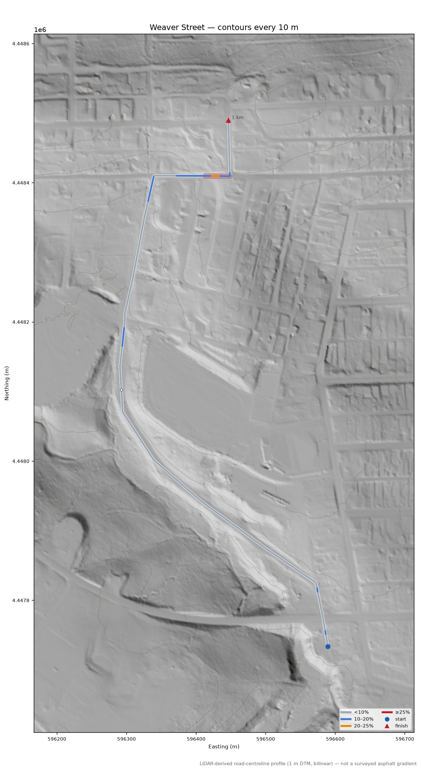 Weaver Street LiDAR hillshade map with contours