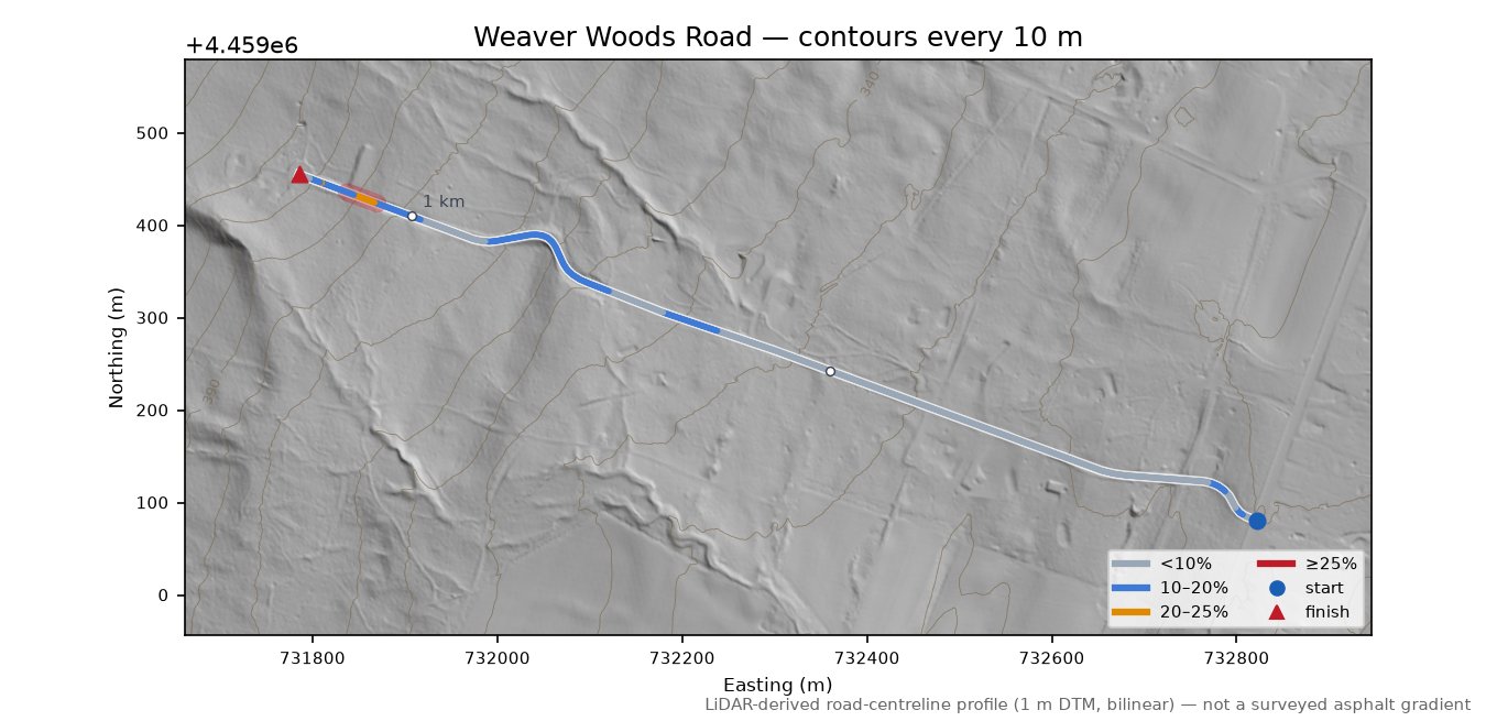 Weaver Woods Road LiDAR hillshade map with contours