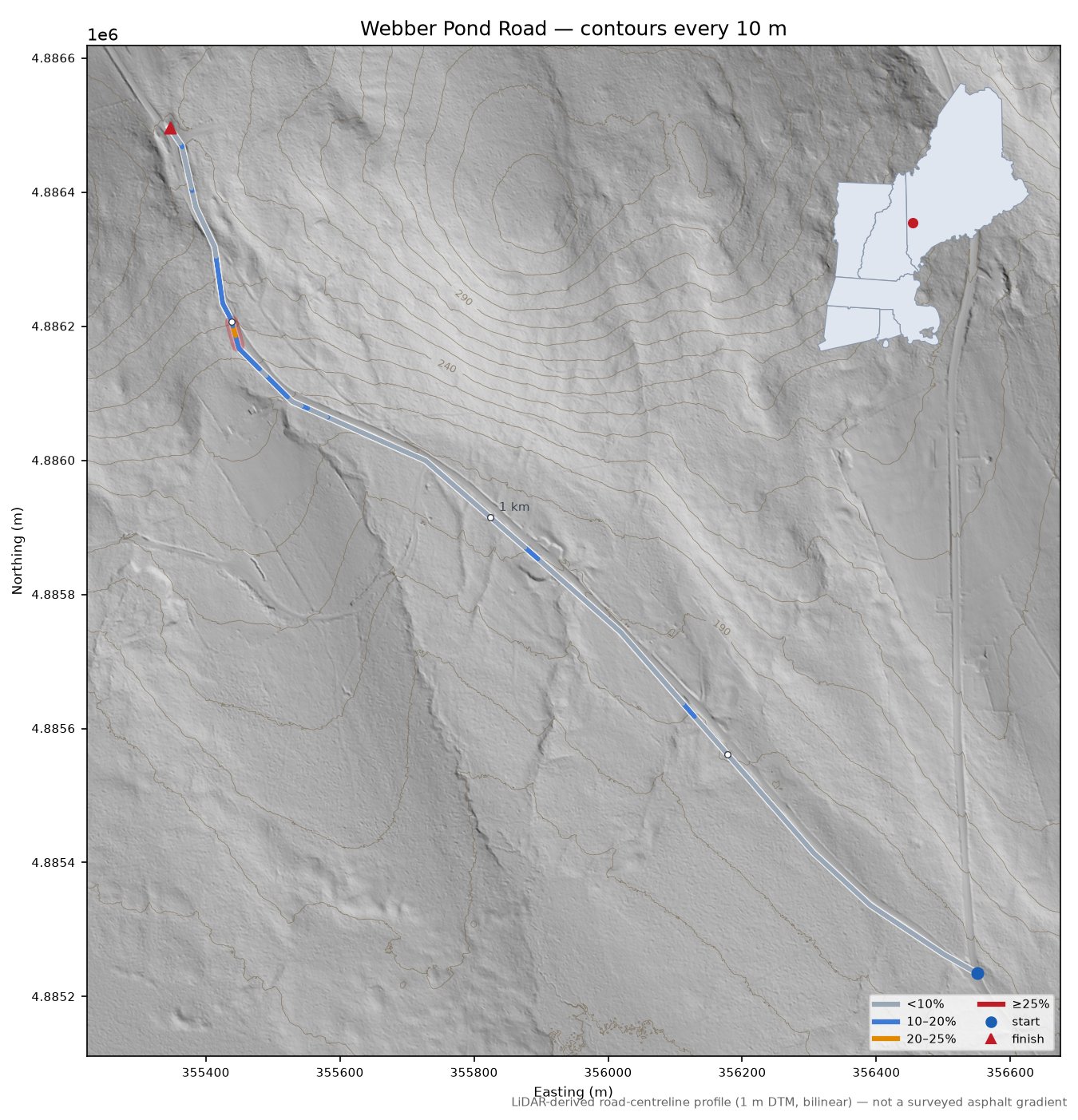 Webber Pond Road LiDAR hillshade map with contours